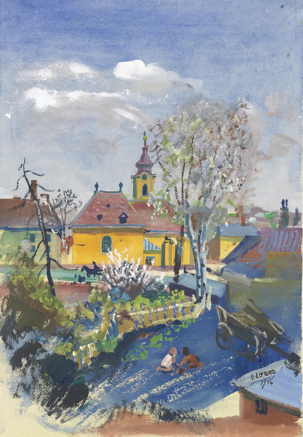 Frühjahr 1946 in Ober St. Veit (Blick auf die Pfarrkirche), by Oskar Laske, public domain