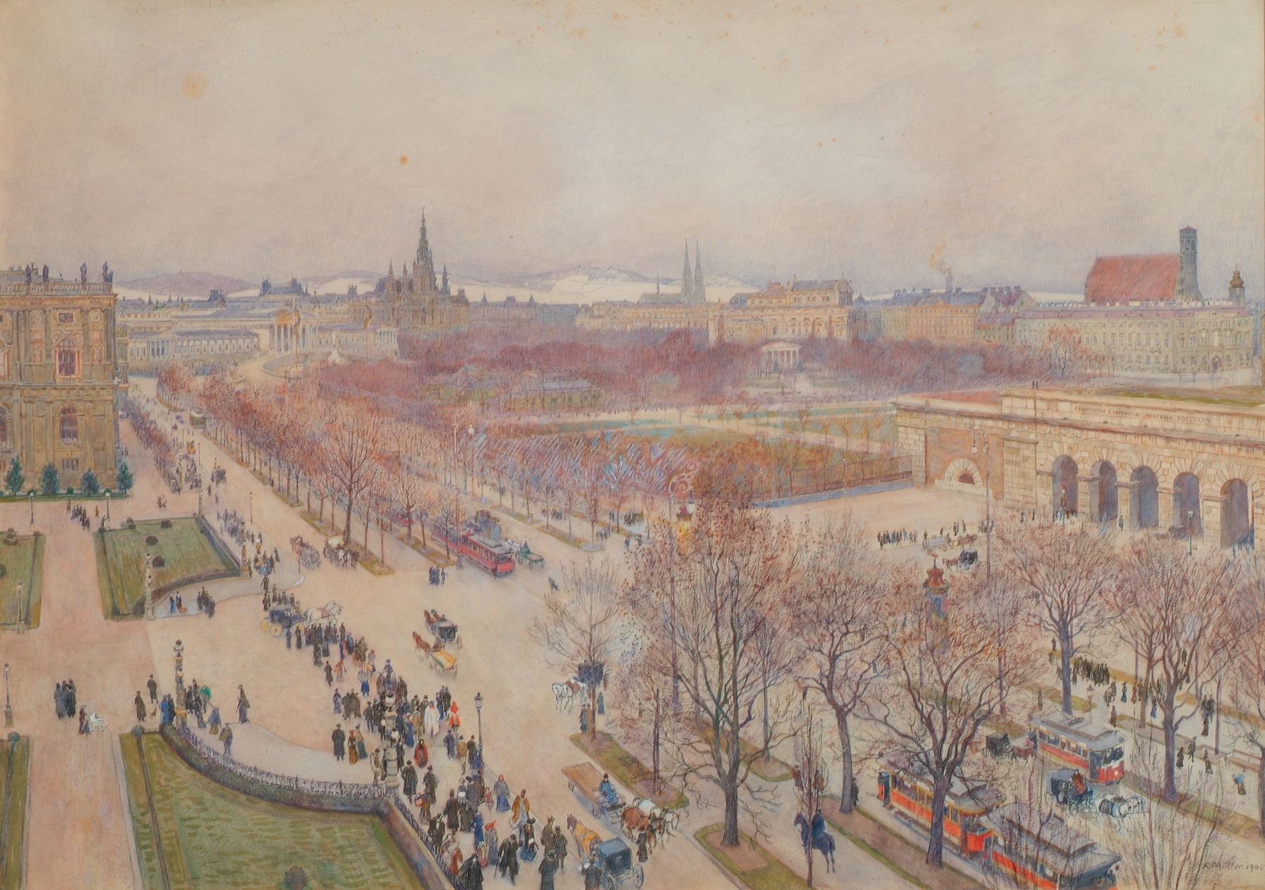 Urban landscape oil painting by Carl Müller depicting the Ringstraße in Wien