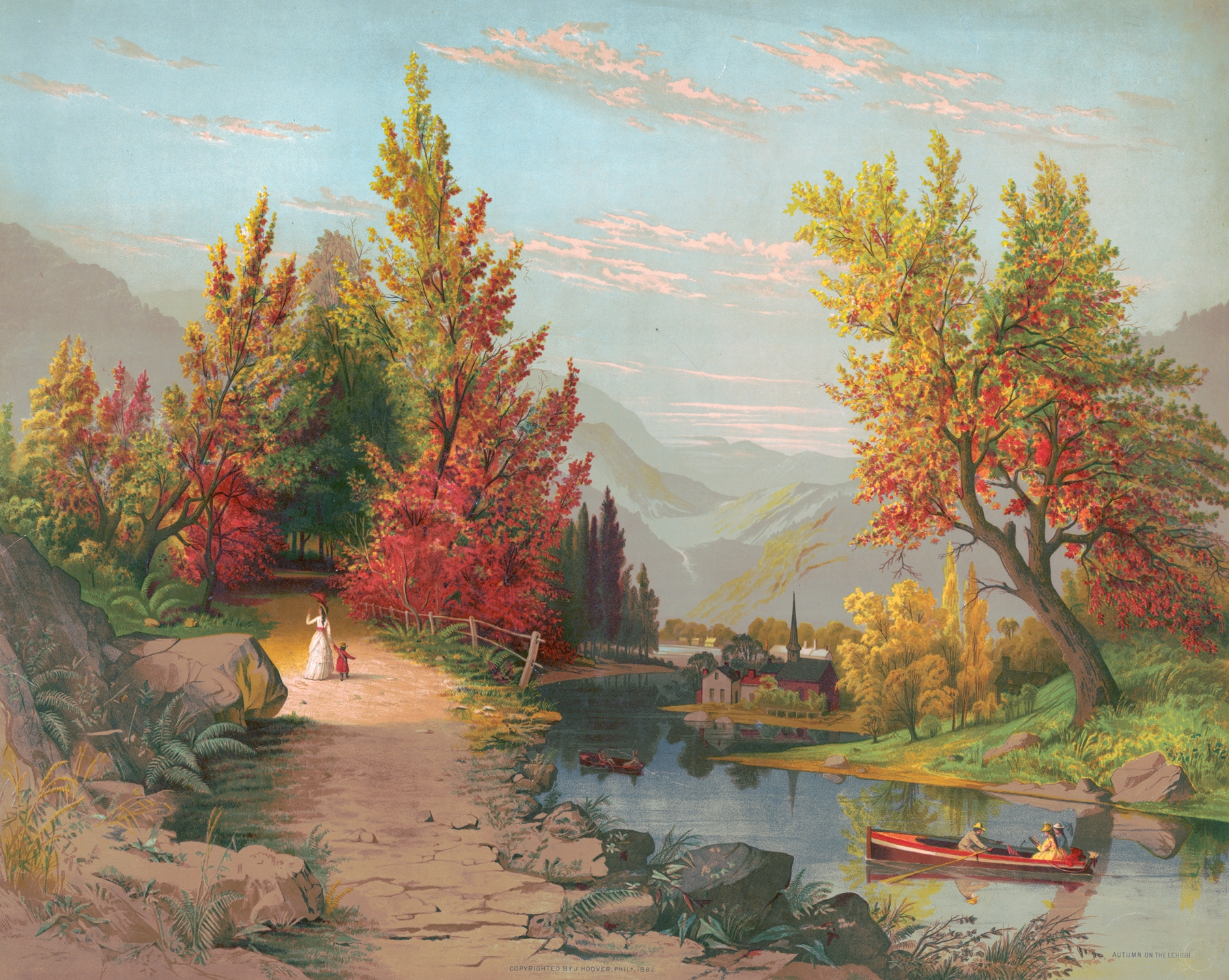 Autumn on the Lehigh by Joseph Hoover, oil painting depicting a river in warm autumn colors.