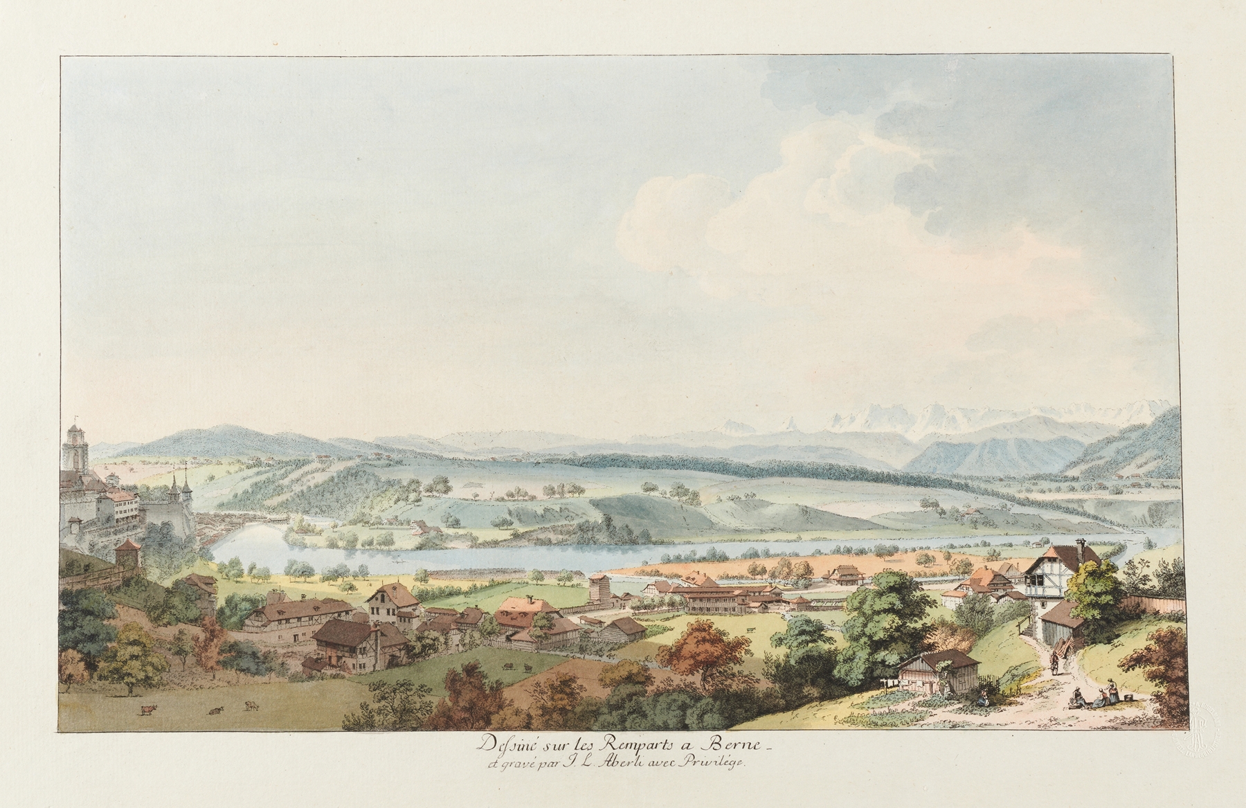 Watercolor by Johann Ludwig Aberli depicting ramparts and horizon.