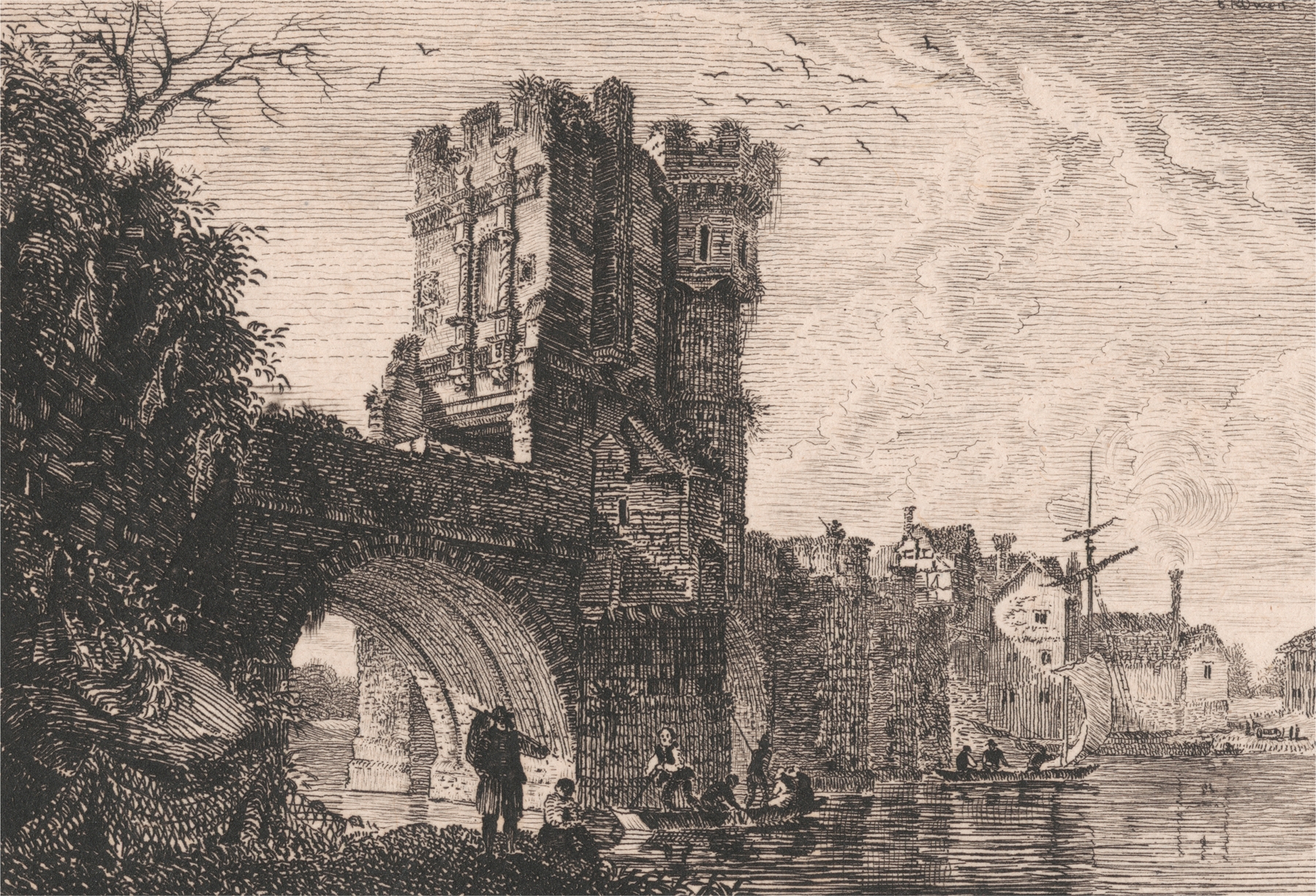 The Old Welsh Bridge at Shrewsbury, oil on canvas by Edward Pryce Owen, depicting a bridge over a river.