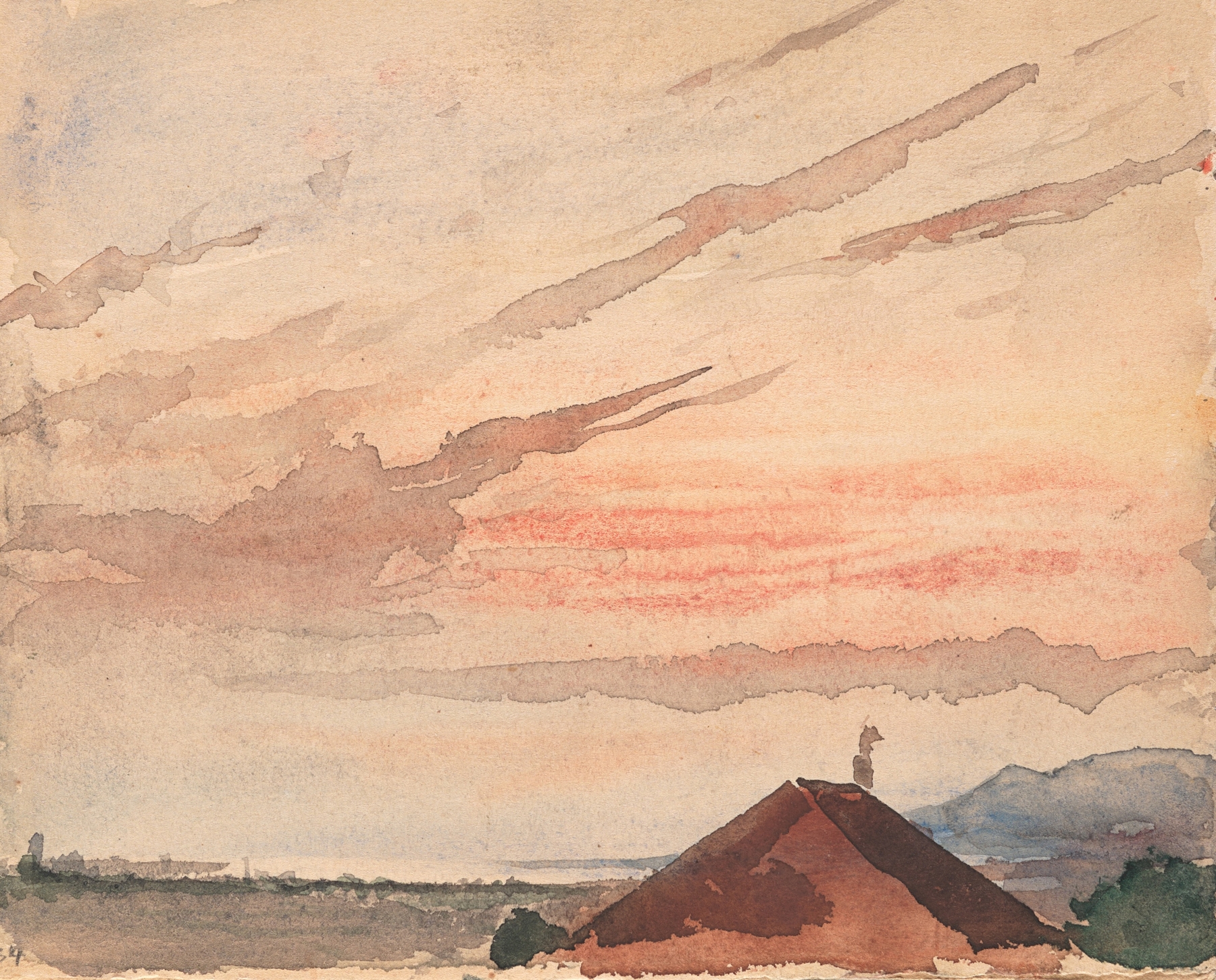 Blick über ein Hausdach auf das Nordostende des Neuenburger Sees bei Abenddämmerung, by Albert Anker, public domain