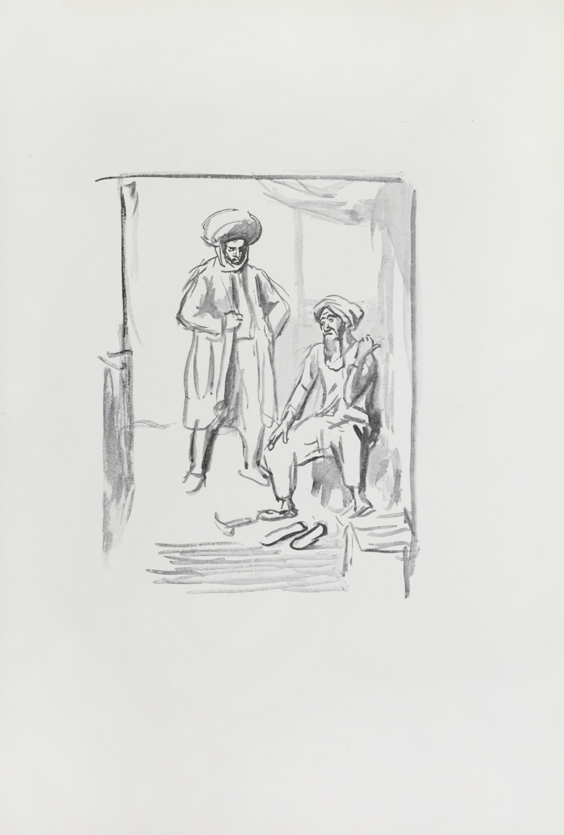 This artwork depicts a scene from the story of Ali Baba and the Forty Thieves.