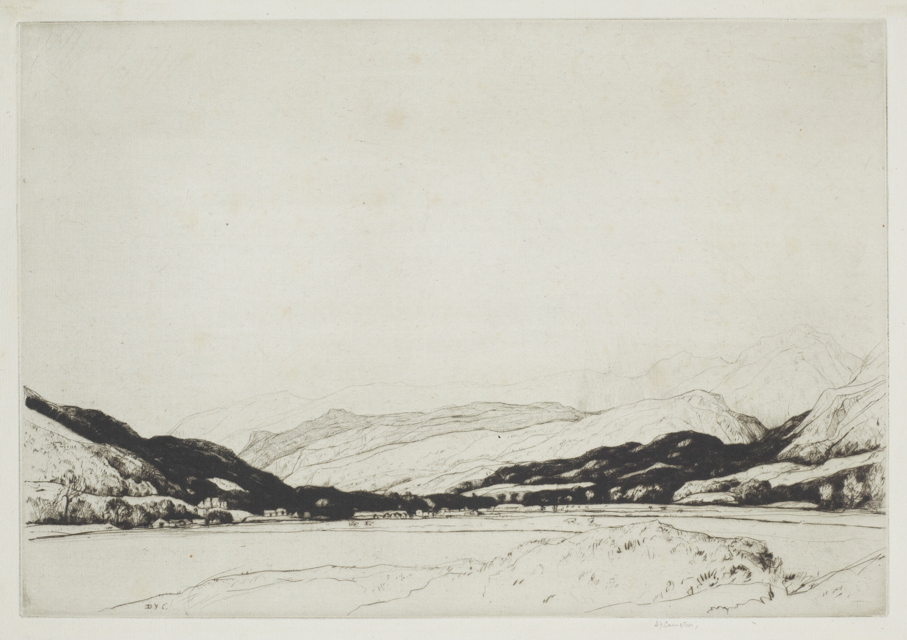 Balquhidder by David Young Cameron, oil painting featuring a river and hills.