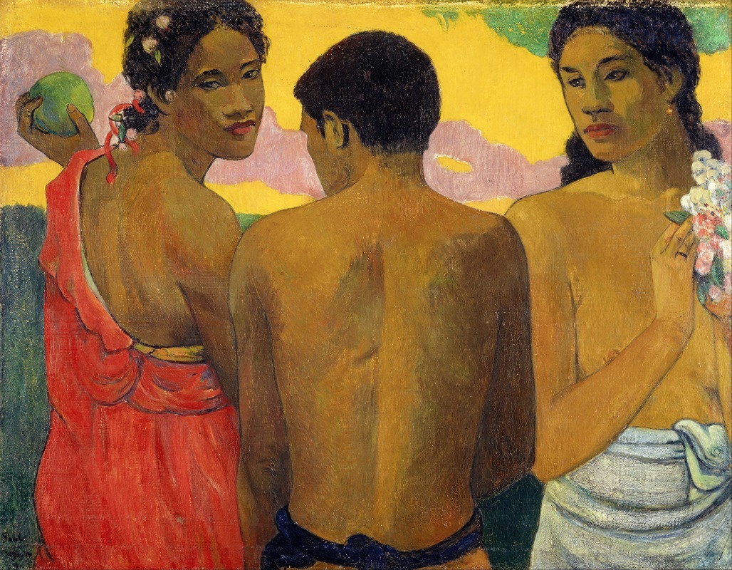 Paul Gauguin's 'Three Tahitians' features vibrant colors and figures in a tropical setting.