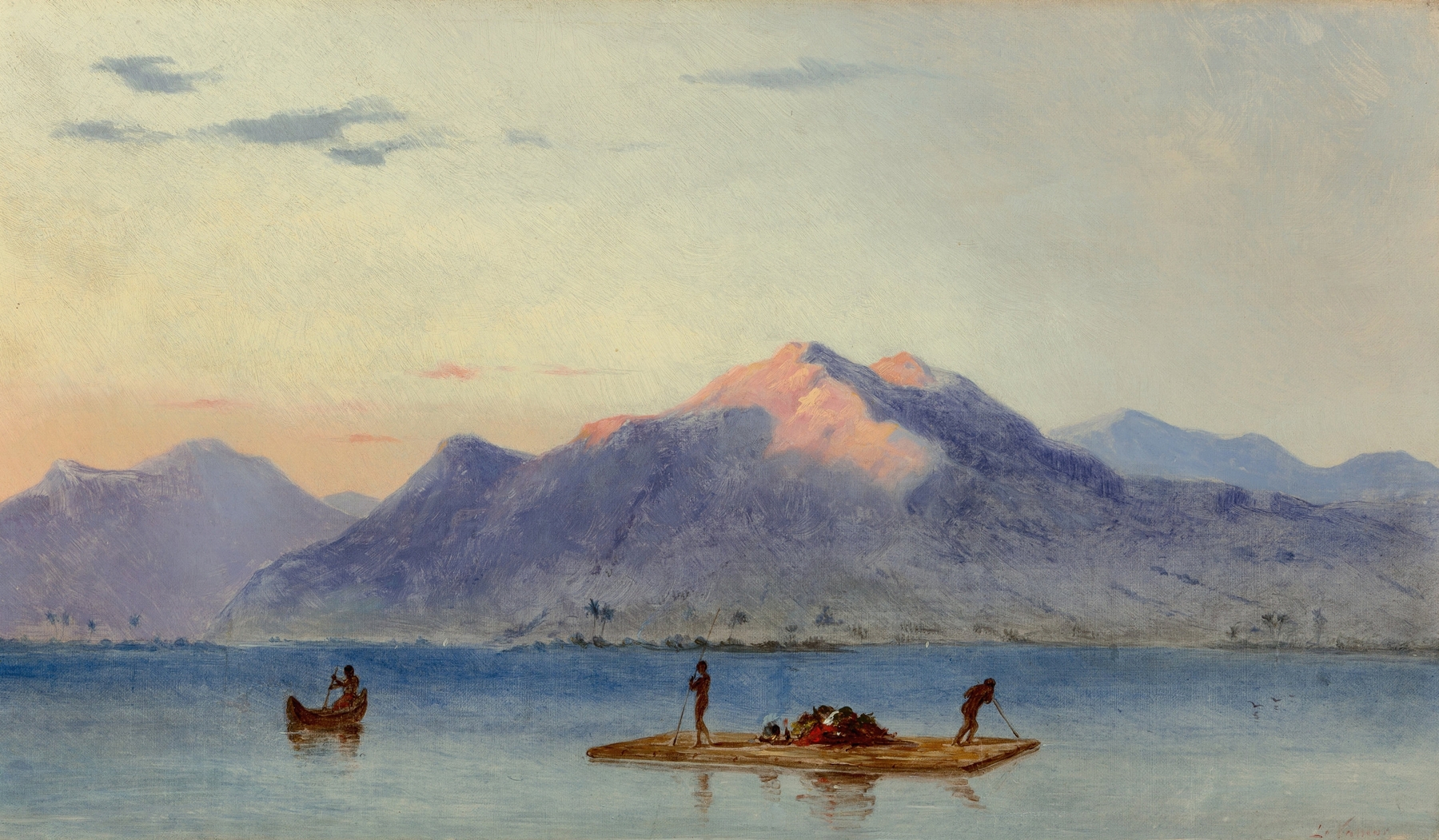 Fishing on the Lake of Managua, Nicaragua by Judah Levasseur, oil on canvas depicting fishermen on a tranquil lake.