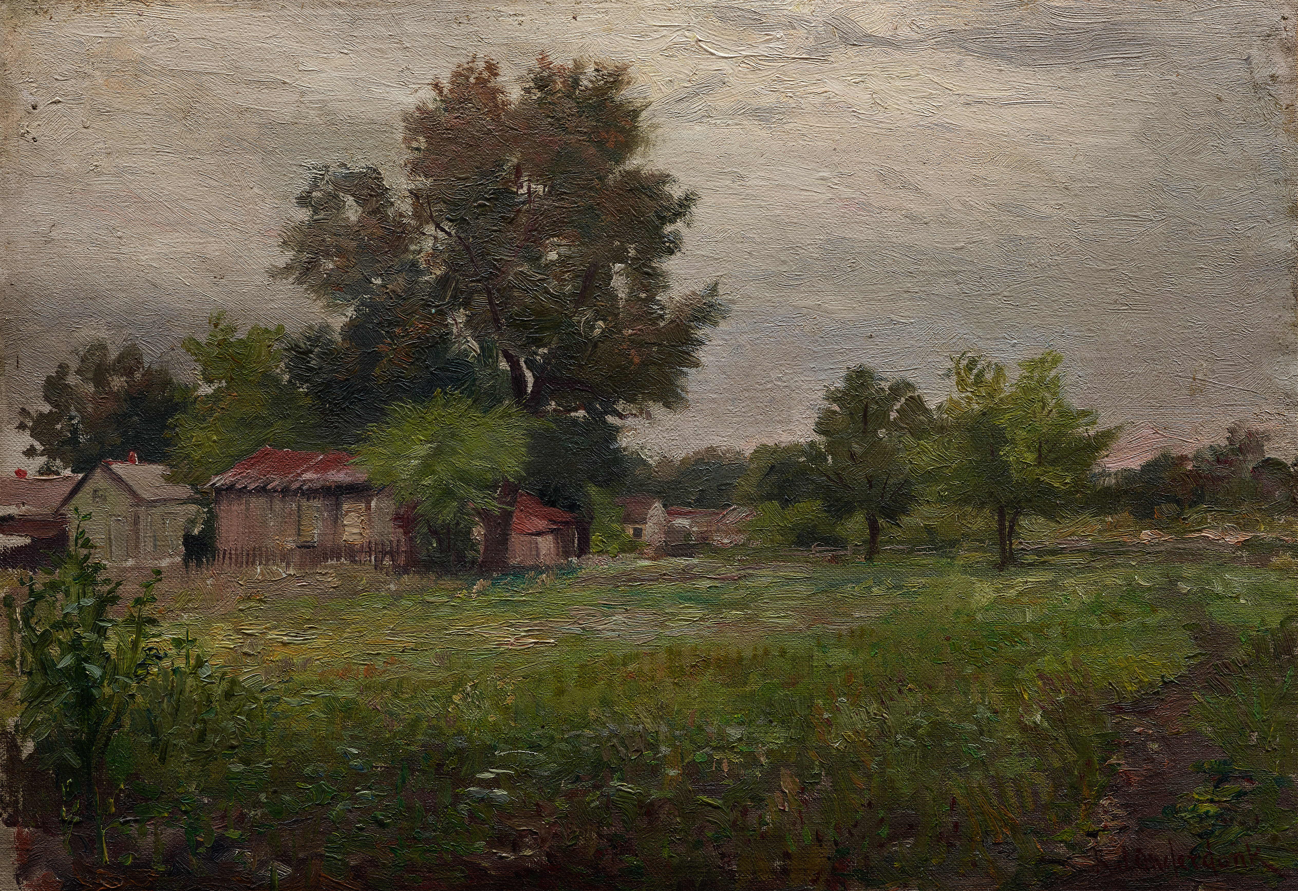 Landscape oil painting by Robert Jenkins Onderdonk featuring rolling hills and fields at dawn