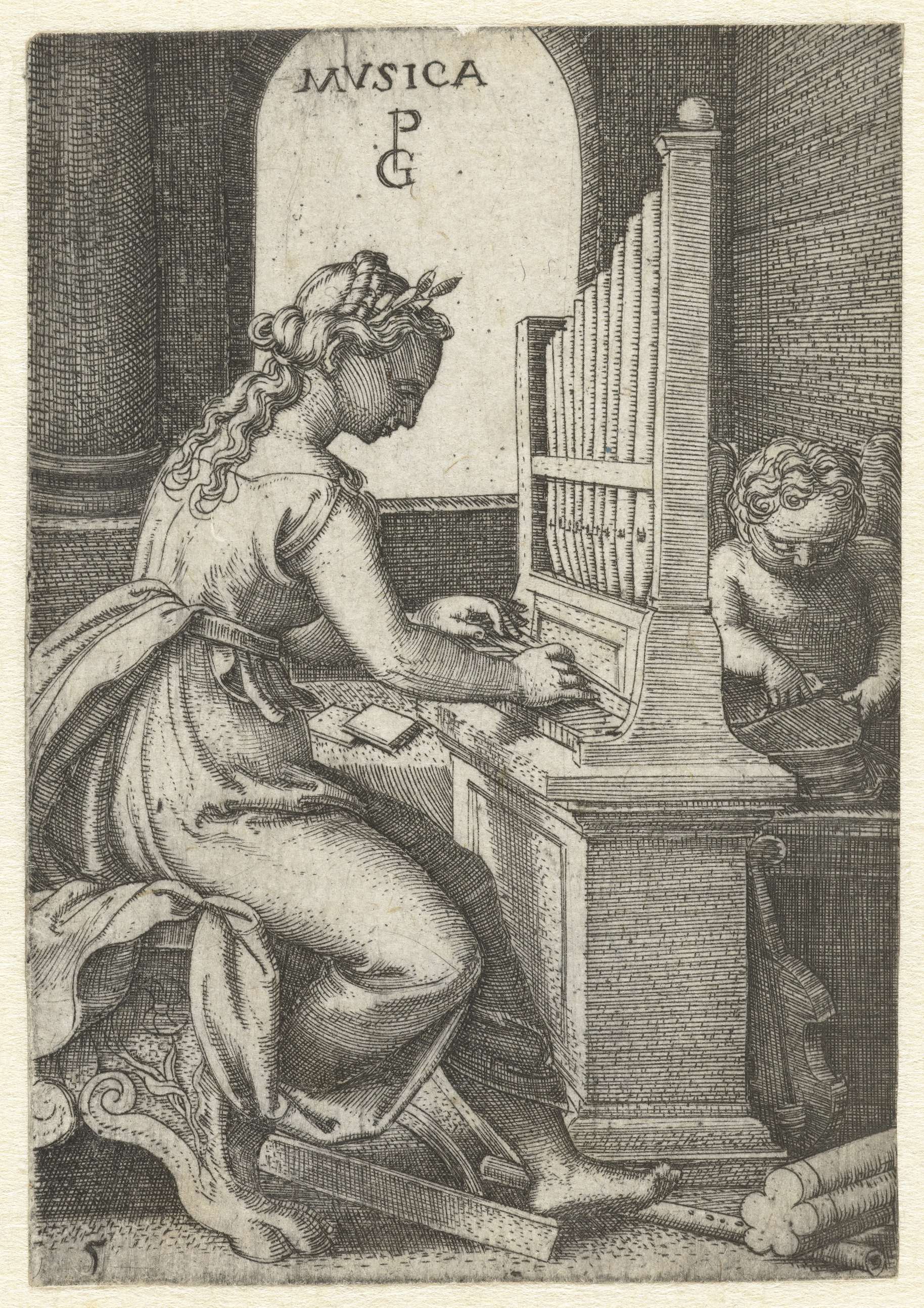 Engraving by Georg Pencz depicting a serene female figure cradling invisible notes