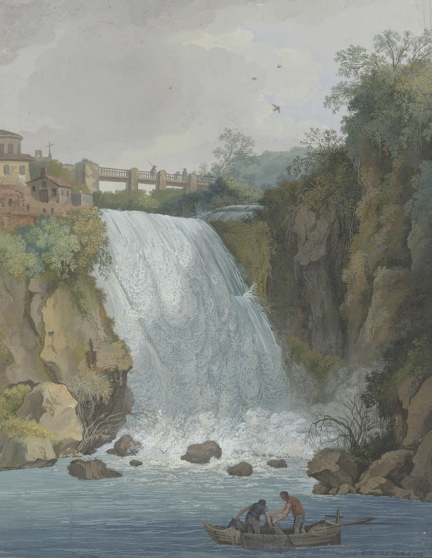 Wasserfall, über den eine Brücke führt, im Vordergrund zwei Fischer in einem Boot, by Carl Ludwig Hackert, public domain