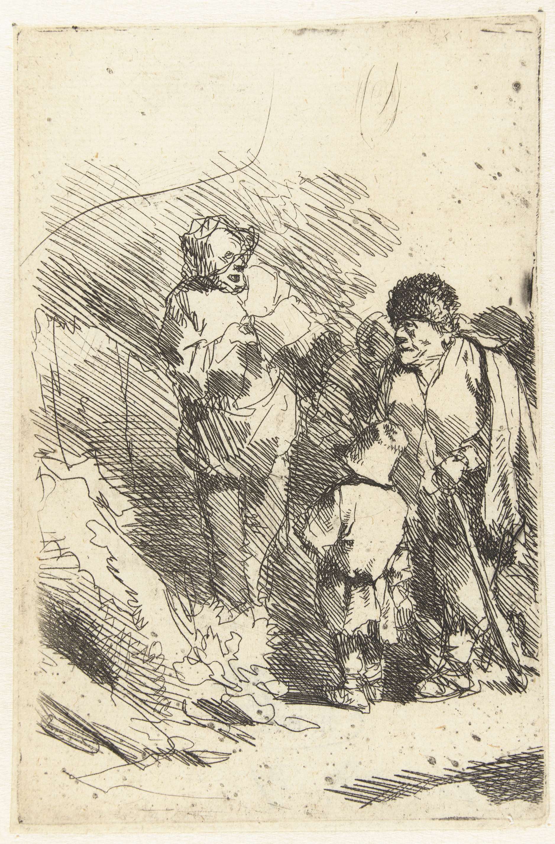 Etching by Cornelis Pietersz. Bega of a singing man with an audience, including a child.