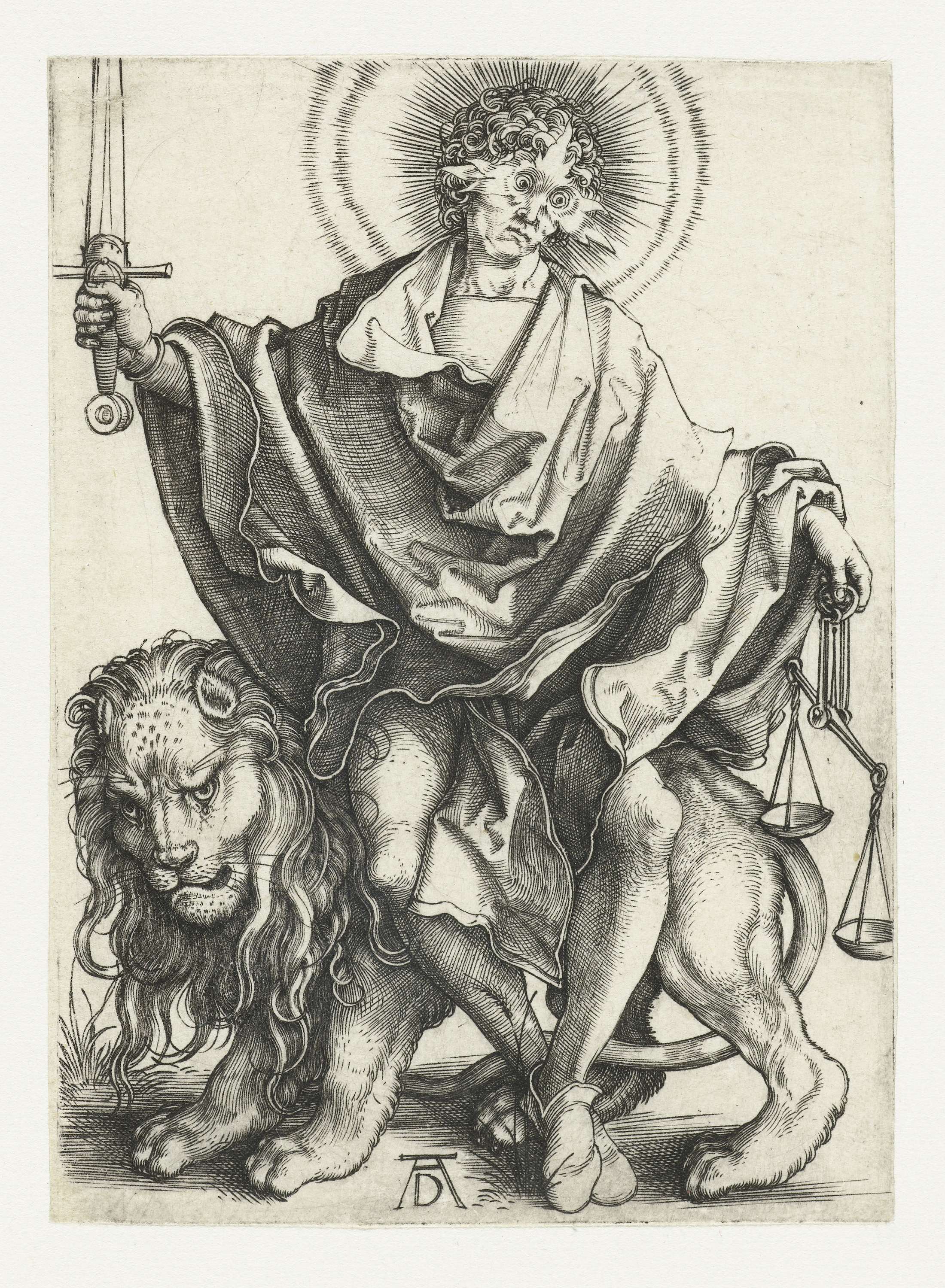 Engraving by Albrecht Dürer, Zon der Gerechtigheid, featuring figures illuminated by sunlight.