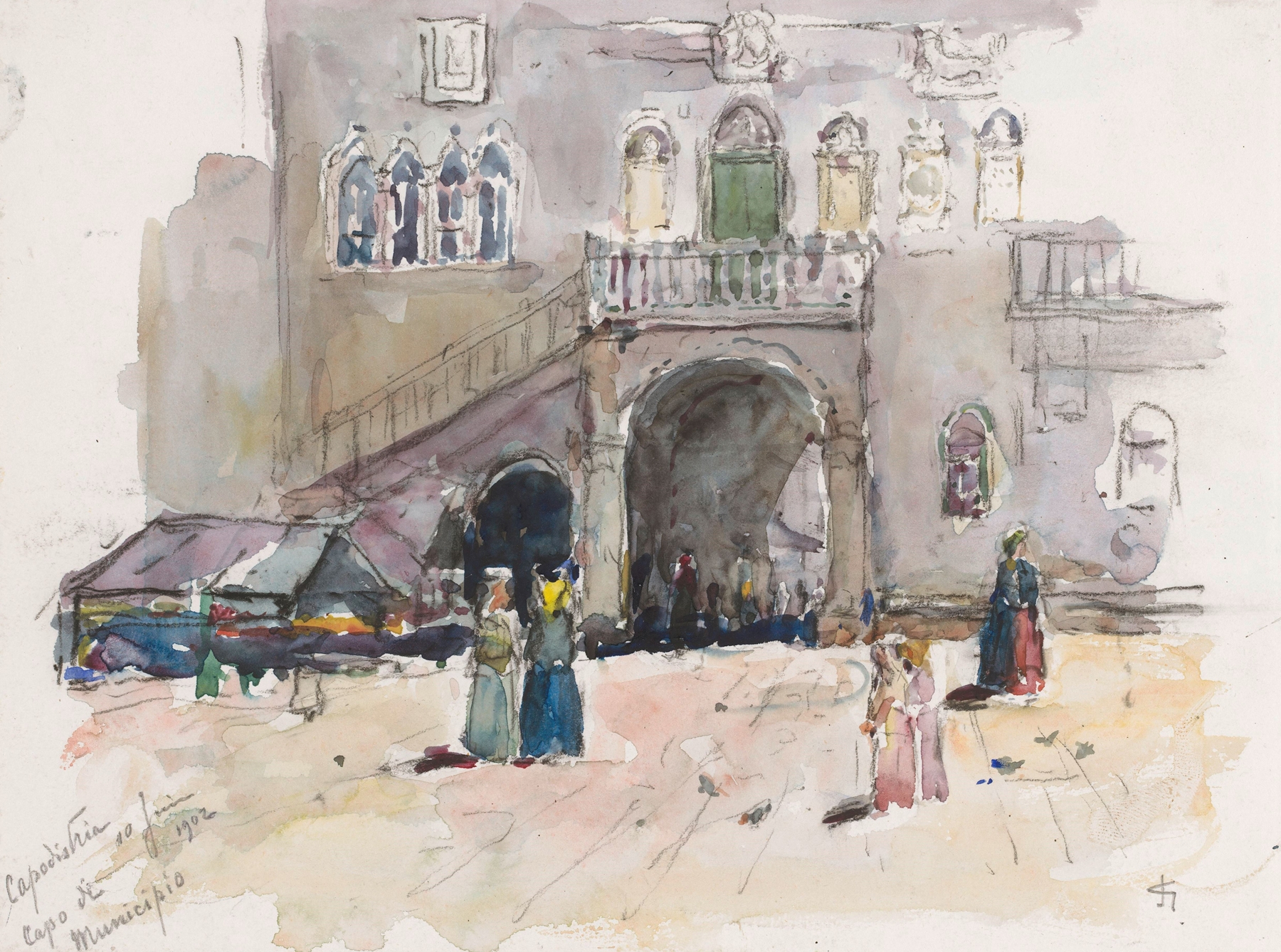 Stadhuis in Capodistria by Carel Nicolaas Storm van 's-Gravesande, oil painting depicting a town hall.