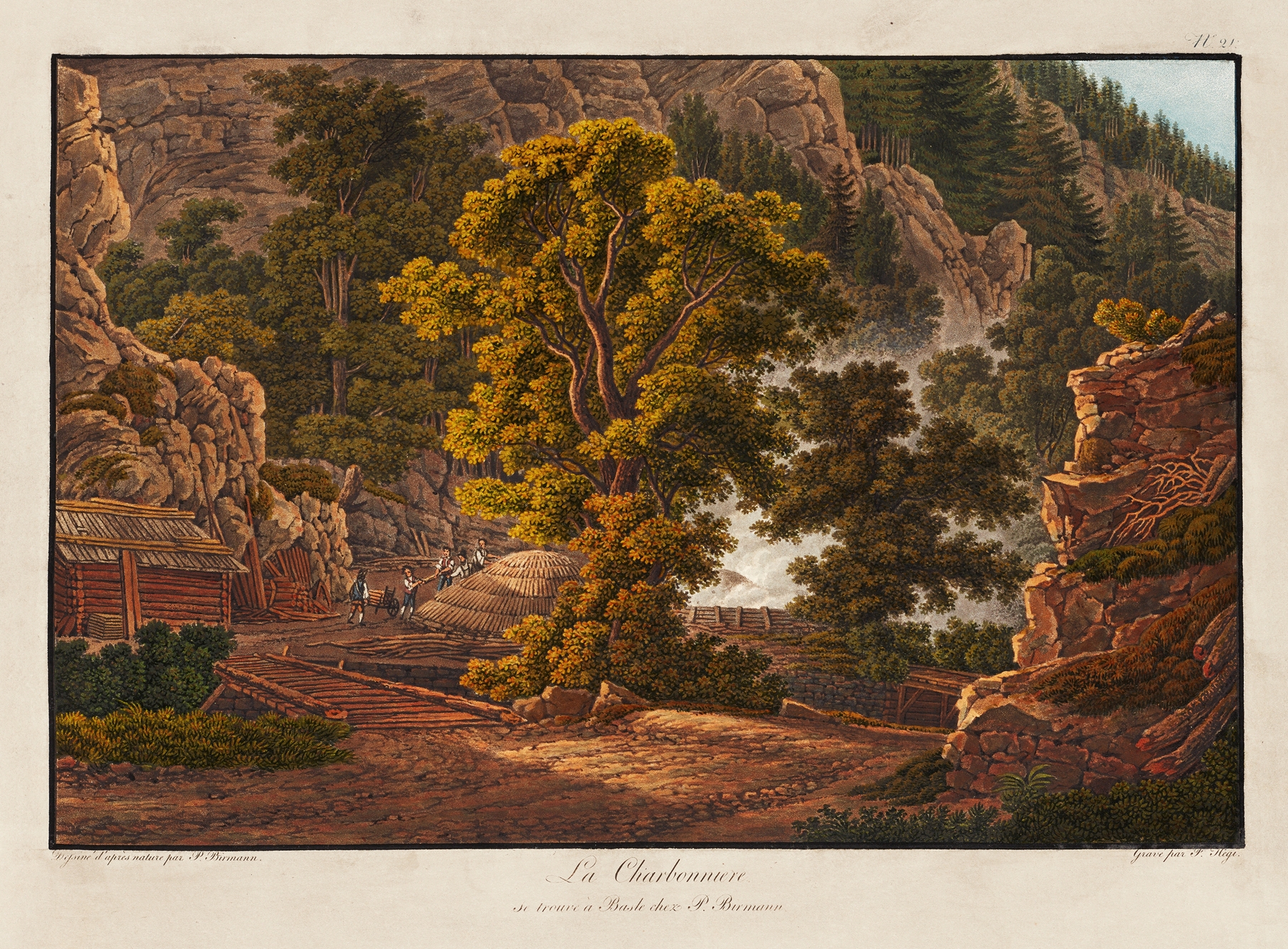 La Charbonniere by Peter Birmann, depicting a landscape with a figure harvesting charcoal.