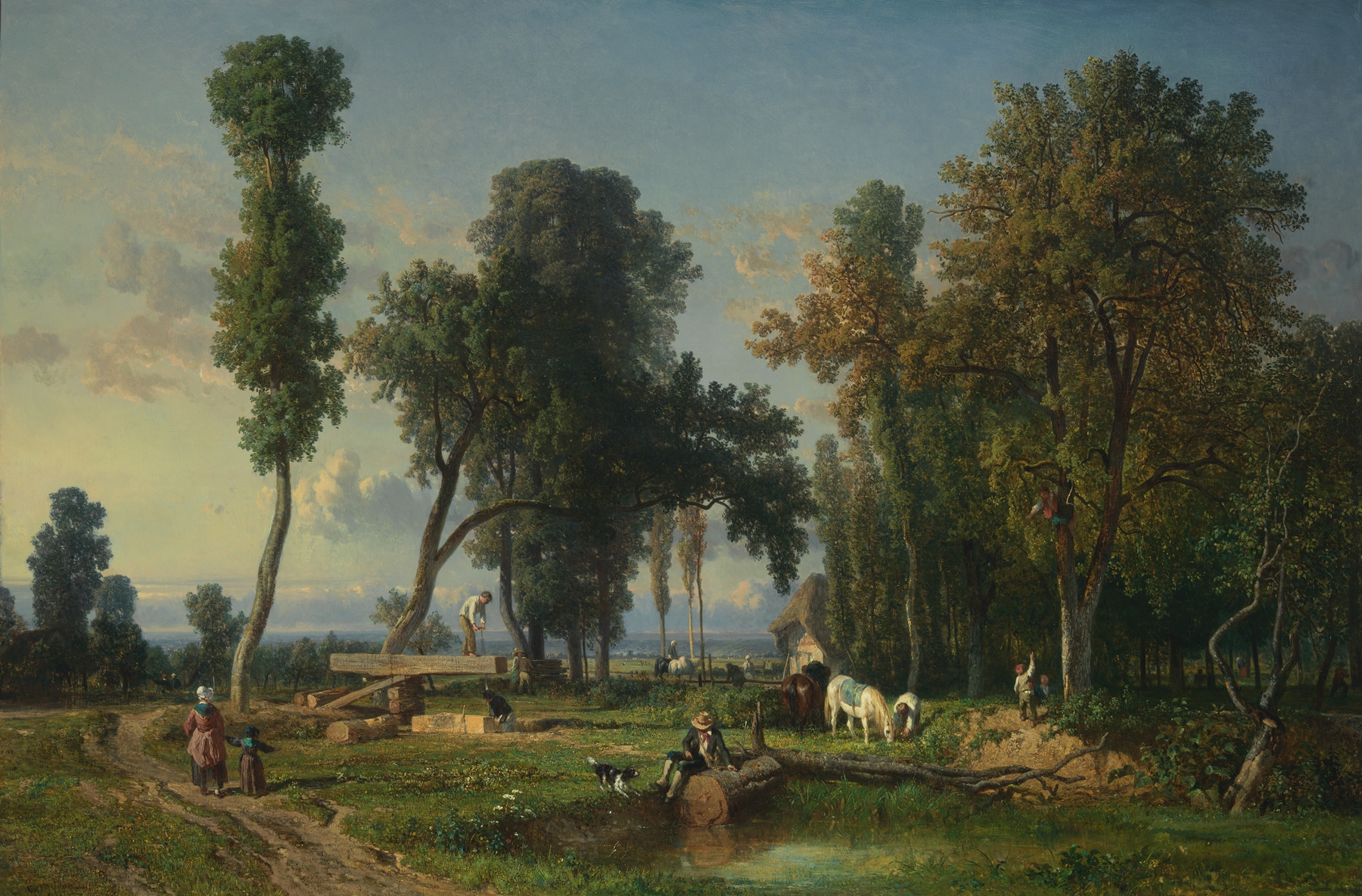 Landscape with a river and greenery in View at La Ferté-Saint-Aubin by Constant Troyon, oil painting