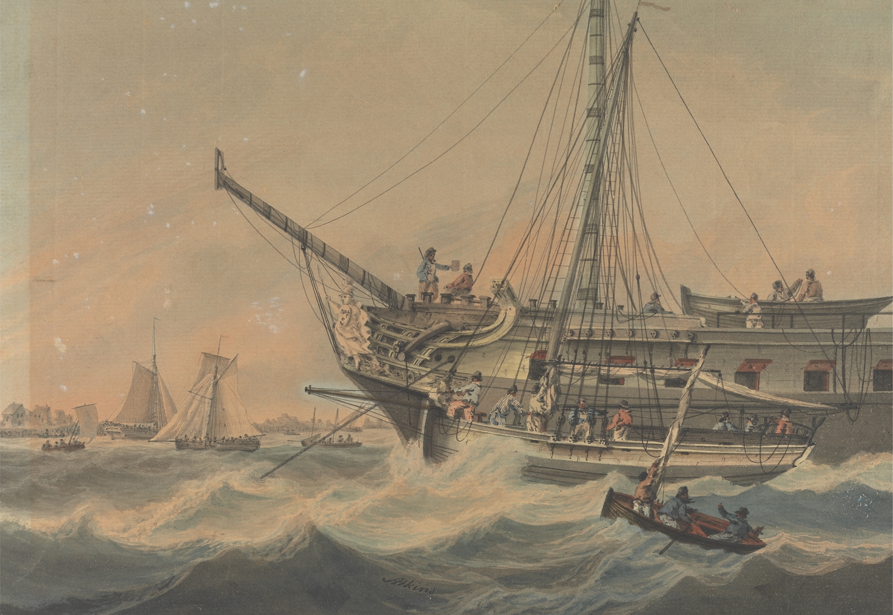 Oil painting by Samuel Atkins depicting ships on a calm ocean