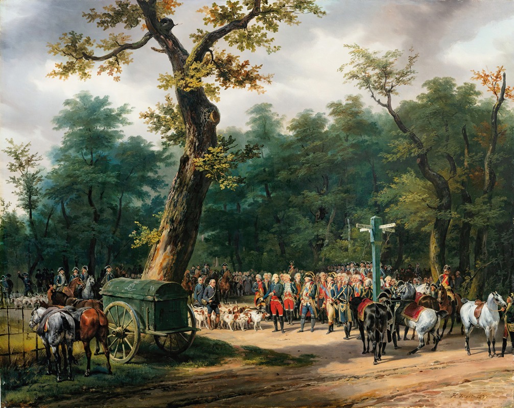 A historical painting depicting Louis XVI's last hunt at Fontainebleau.