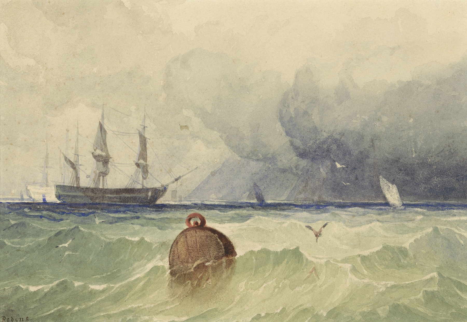 Marine scene with ships at anchor in a stormy sky by Thomas Sewell Robins, oil painting