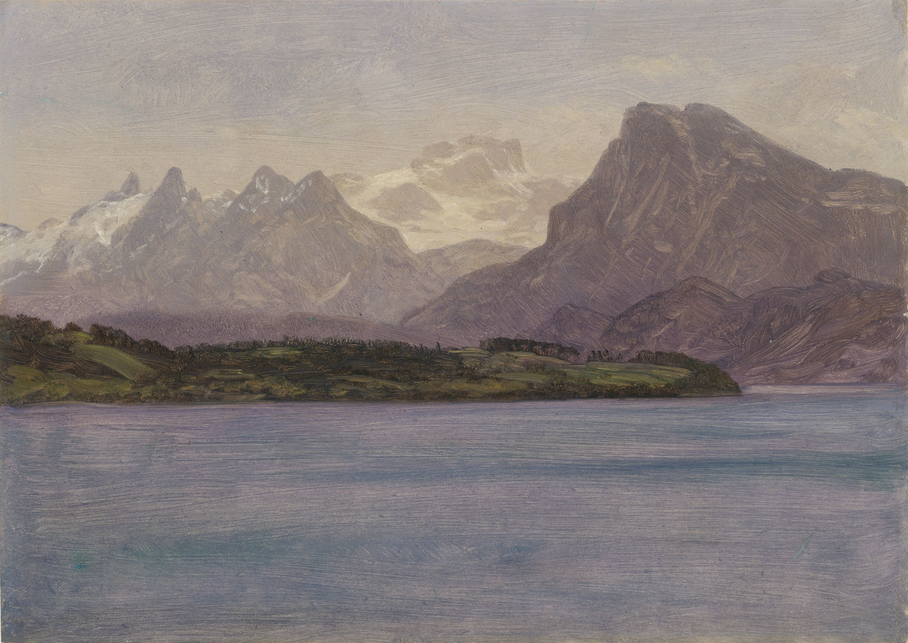 Alaskan Coast Range oil painting by Albert Bierstadt depicting mountains and sunlight.
