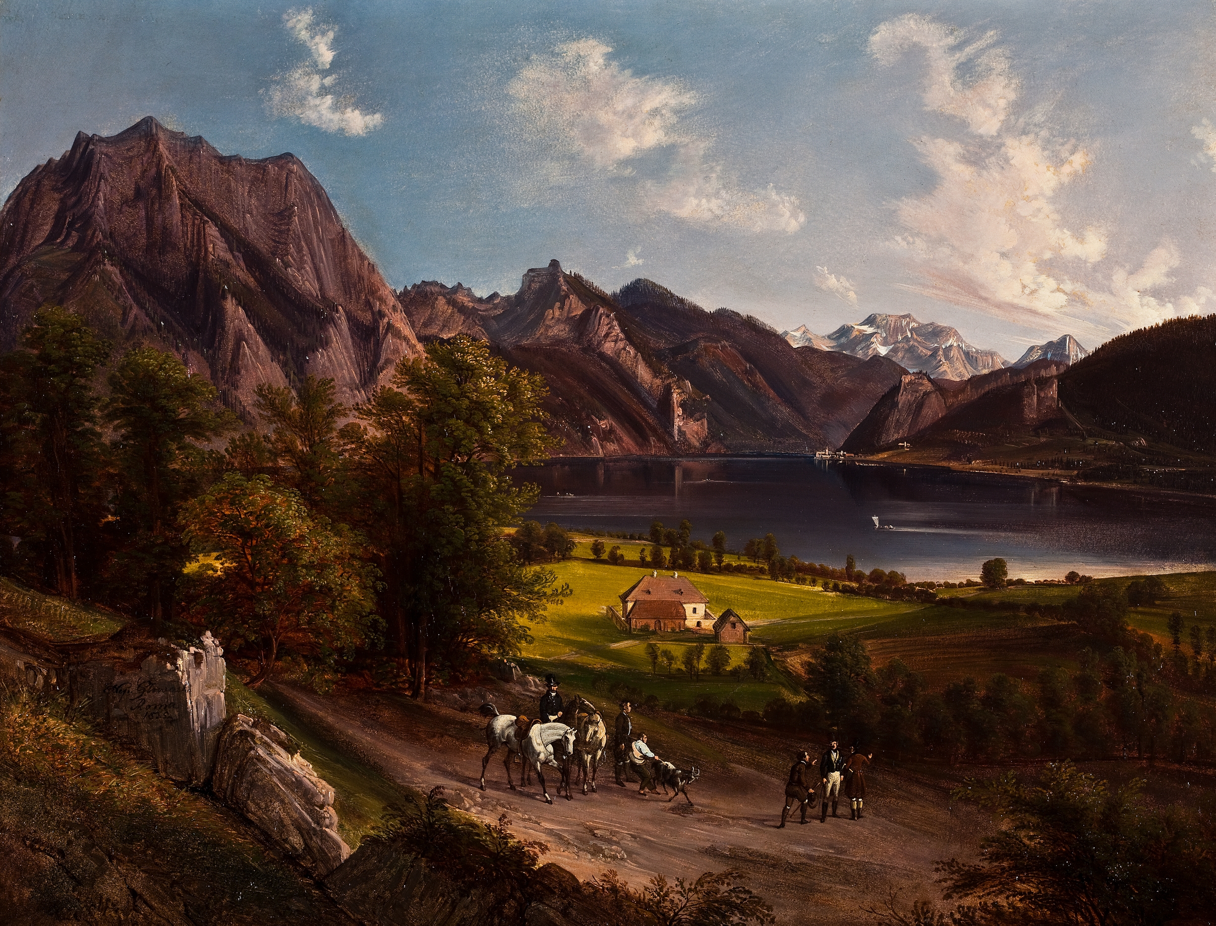 Tyrolean landscape by Jan Nepomucen Glowacki, oil painting featuring rolling hills and lush greenery.