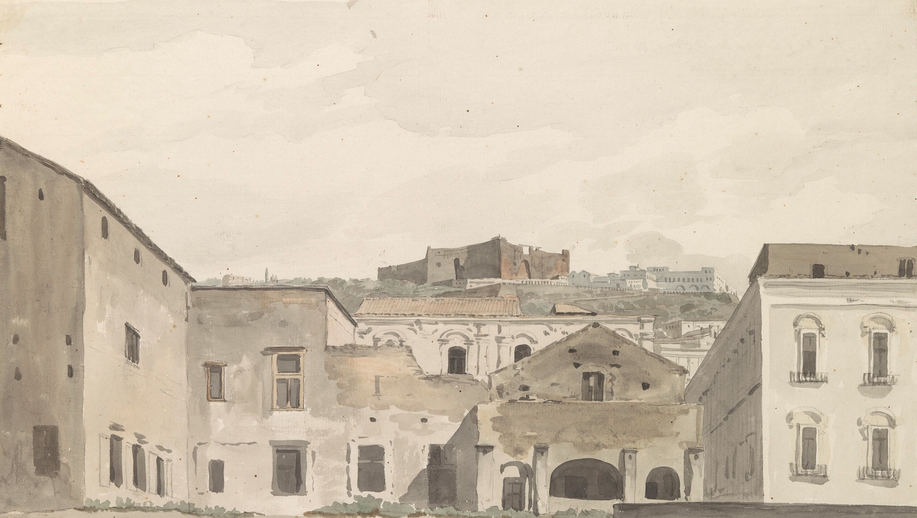 Watercolour by Abraham-Louis-Rodolphe Ducros depicting Castel Sant’Elmo and a lush landscape.