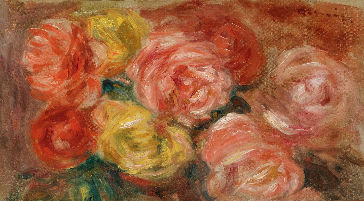 A beautiful still life painting featuring roses by Renoir.