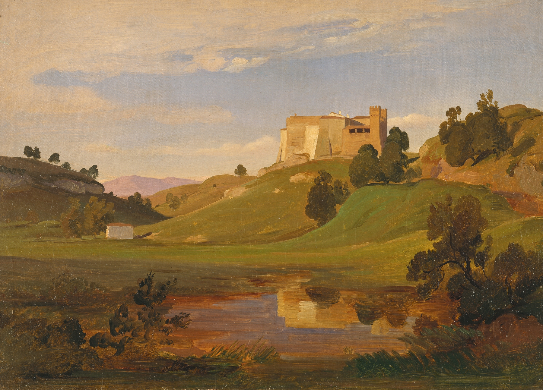 Italian Landscape with Wide Valley and Castle by Eduard Wilhelm Pose, oil painting depicting a tranquil valley and distant castle.
