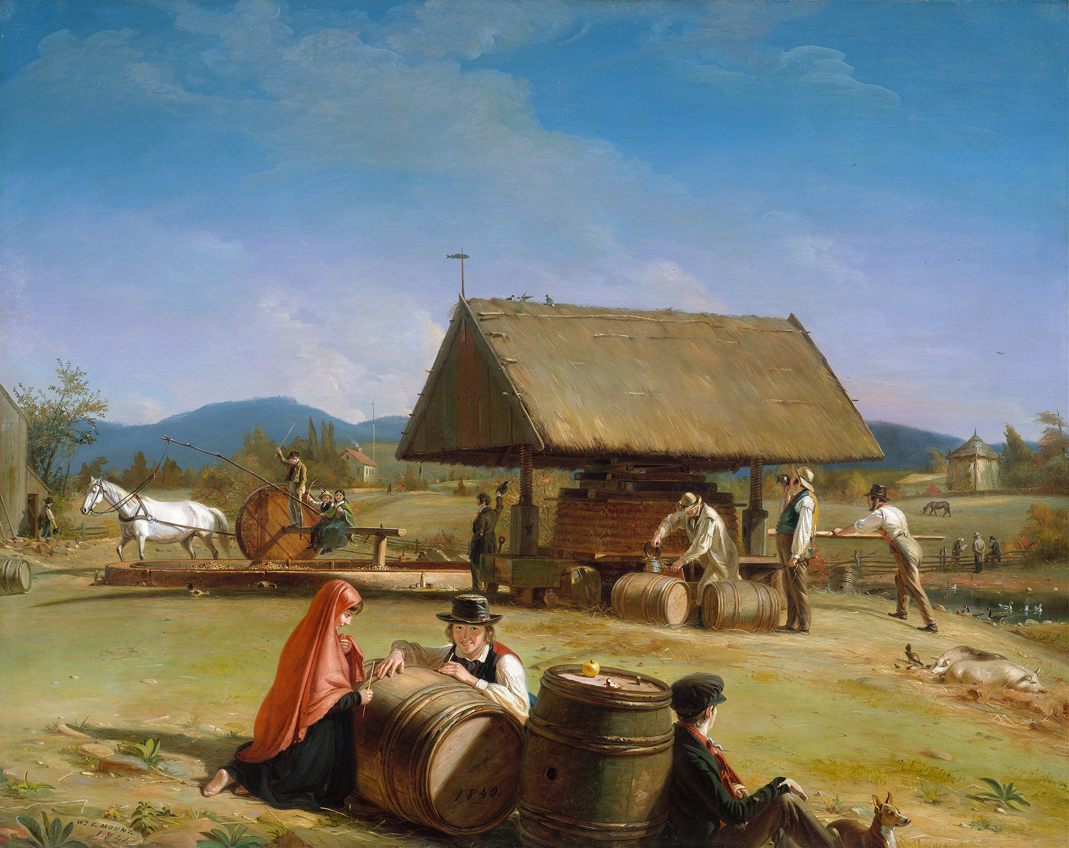 Cider Making by William Sidney Mount, oil painting depicting a man pressing apples in a wooden press