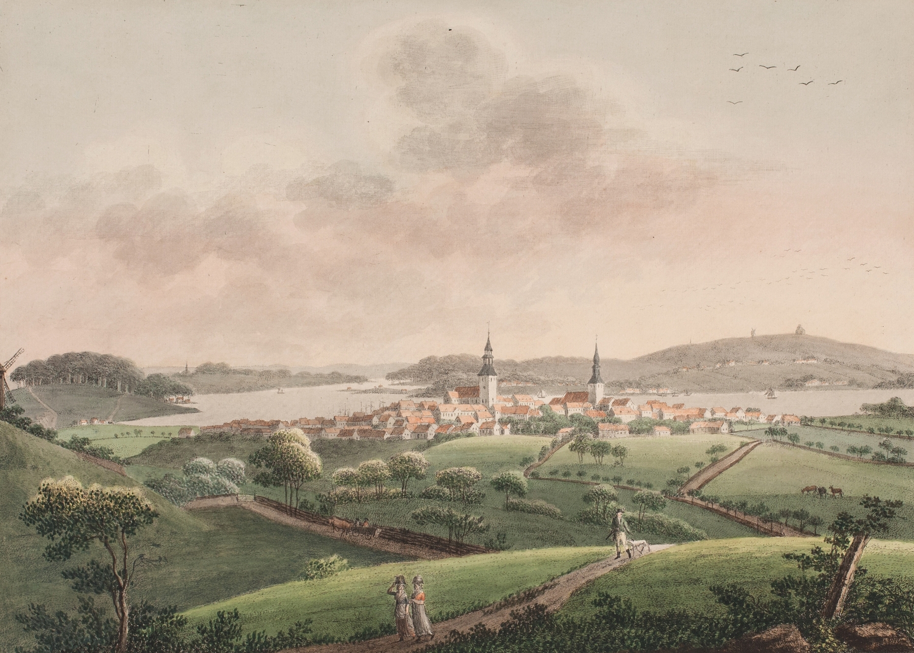 Svendborg by Søren L. Lange, depicting a landscape with golden light, oil painting