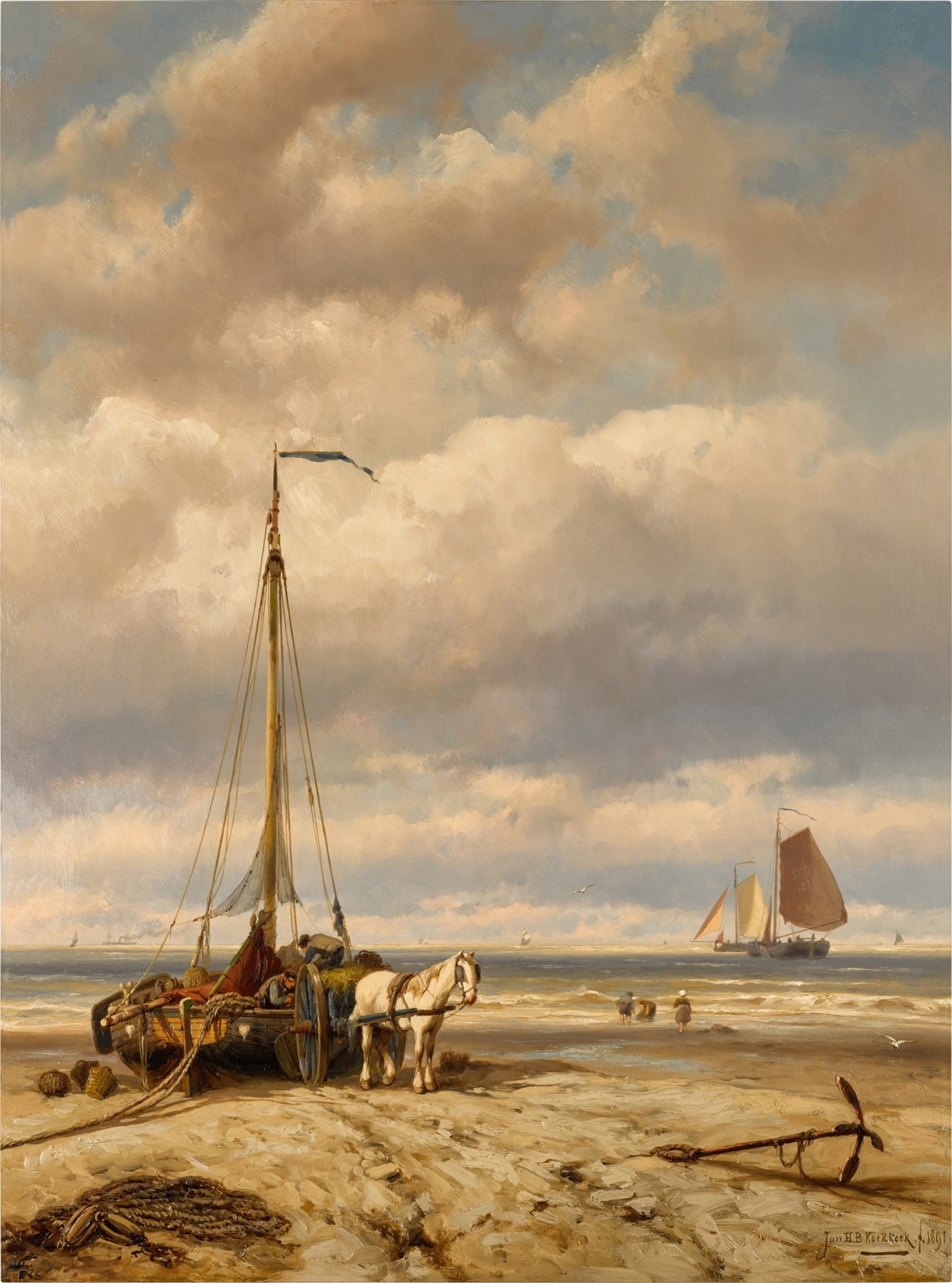 Oil painting by Johannes Hermanus Barend Koekkoek depicting fishermen unloading their catch.