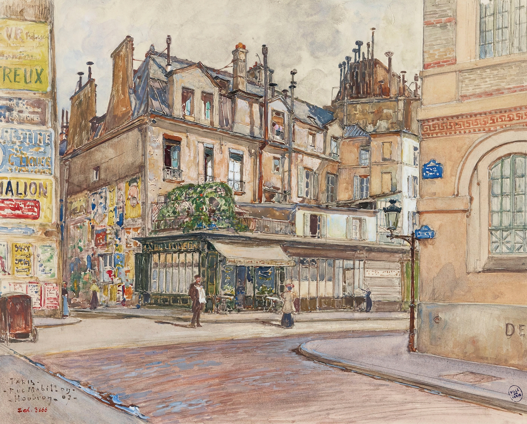 Landscape of cobblestone street and buildings in oil on canvas by Frédéric Houbron