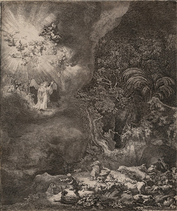 Rembrandt's 'The Angel Appearing to the Shepherds' captures a divine moment in a rural setting.