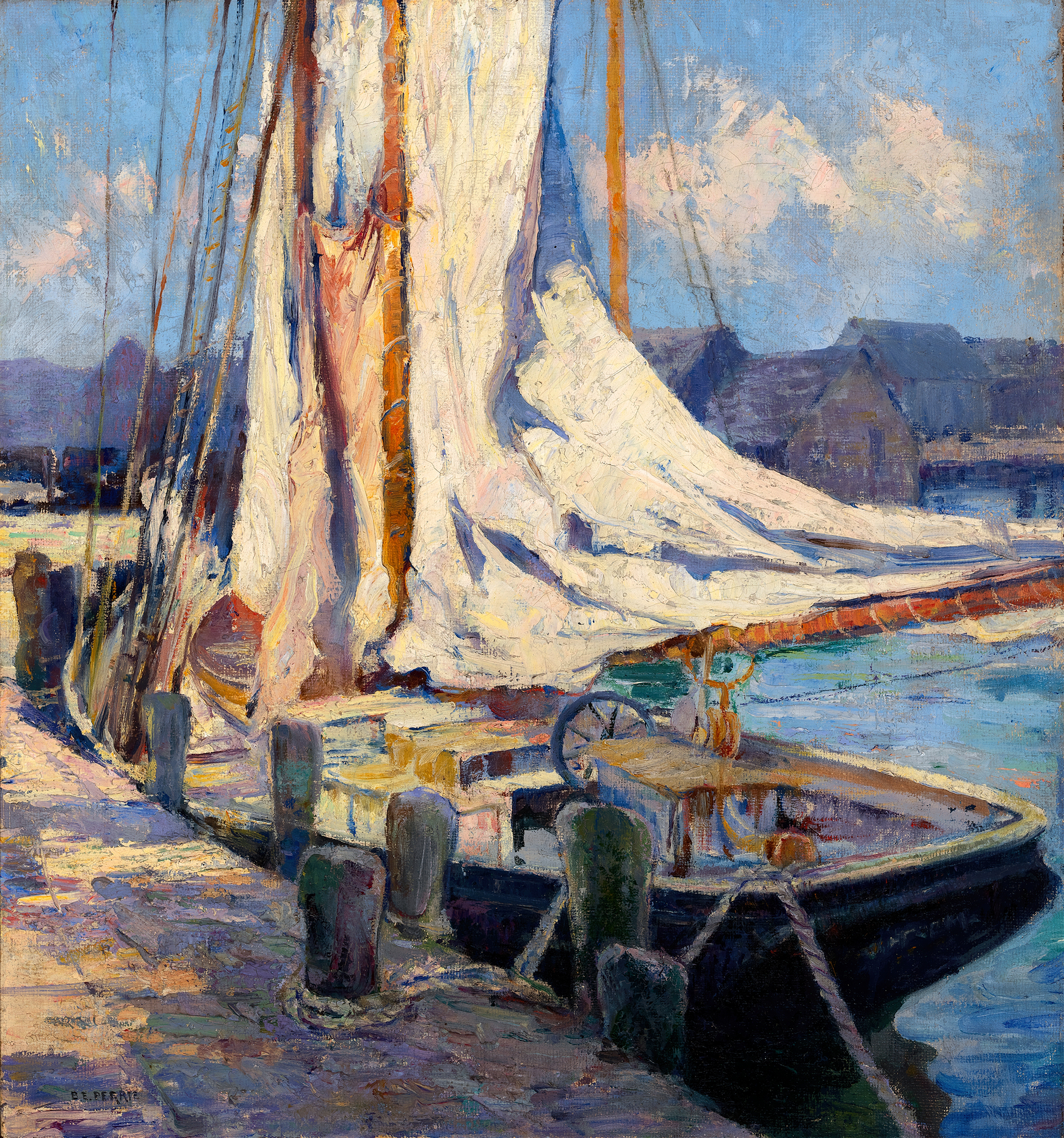 Wharf Scene, Gloucester by Bertha Eversfield Perrie, oil on canvas depicting boats resting on water