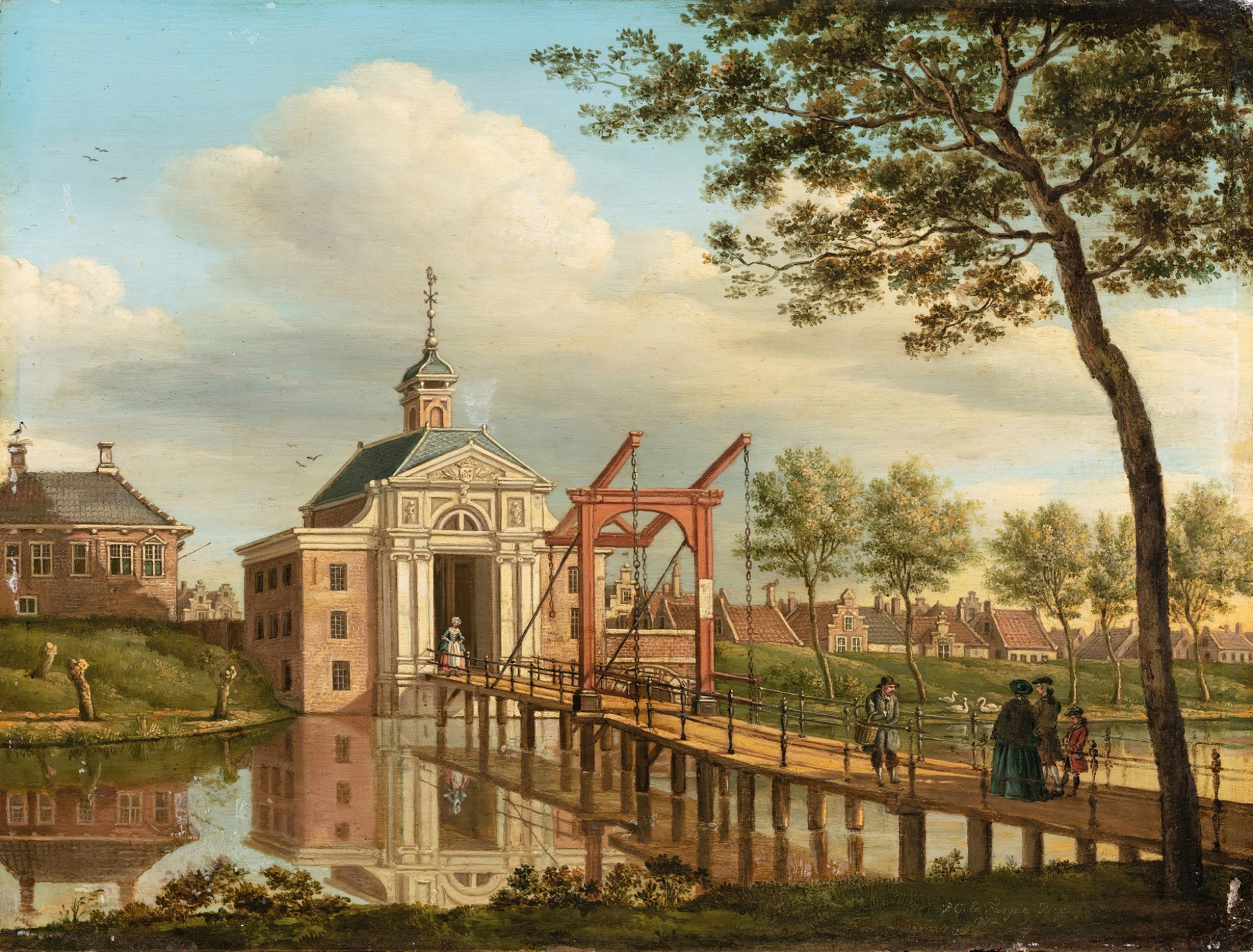 A View Of Marepoort, Leiden by Paulus Constantijn la Fargue, oil on canvas depicting a serene river landscape.