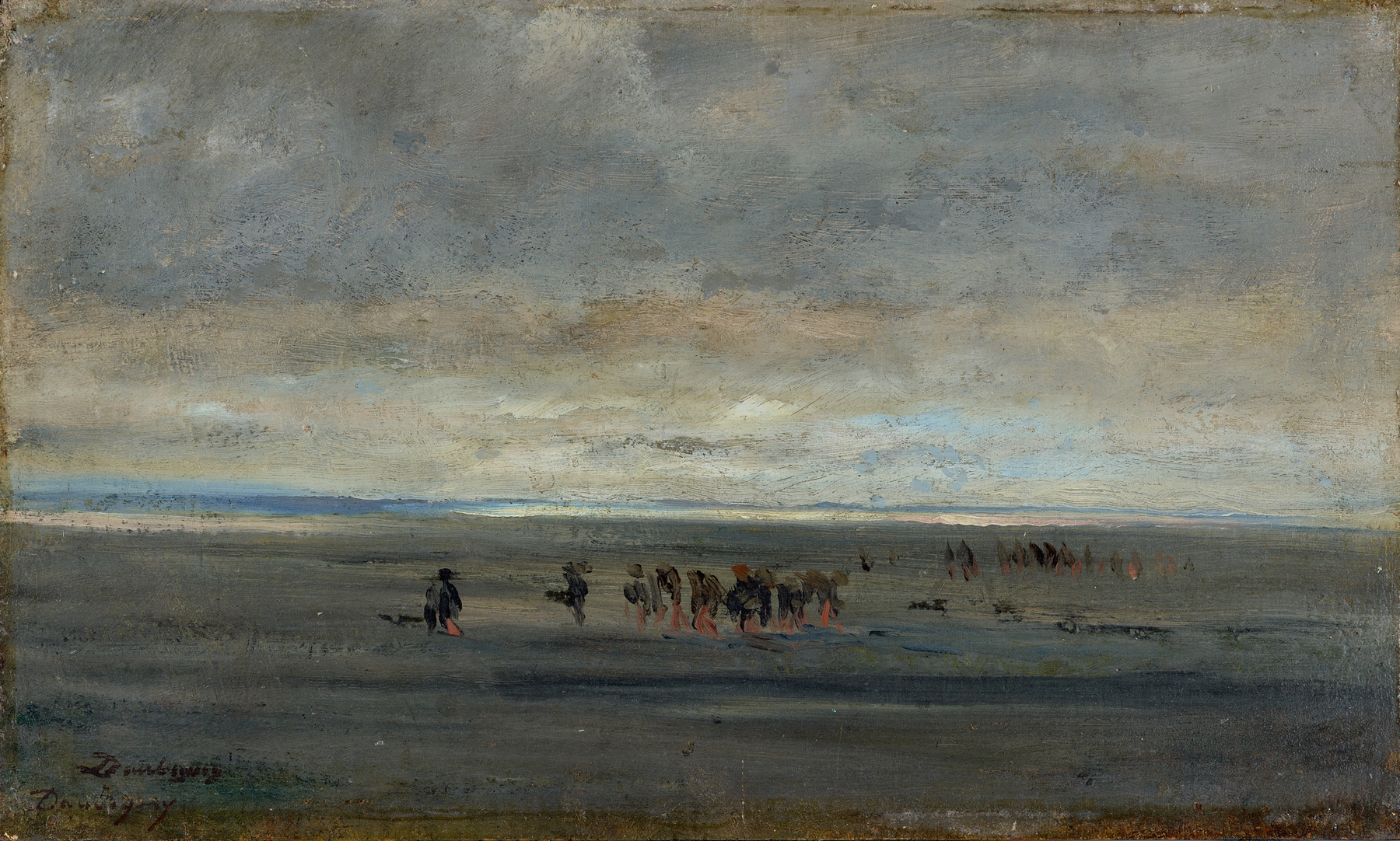 Clam Diggers by Charles François Daubigny, oil on canvas depicting figures in tidal sands.