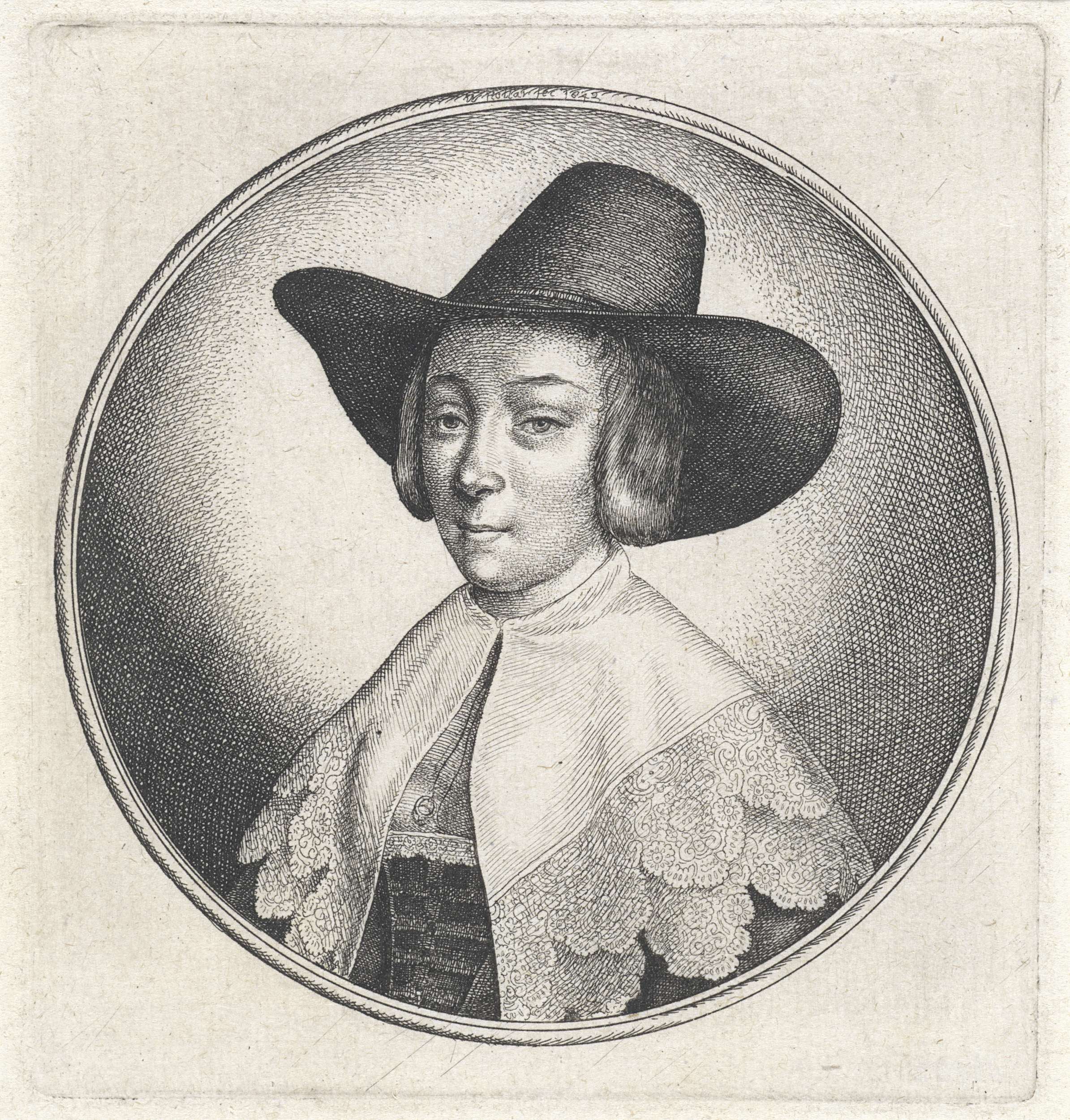 Portrait of a woman with a lace ruff and wide-brimmed hat, etching by Wenceslaus Hollar