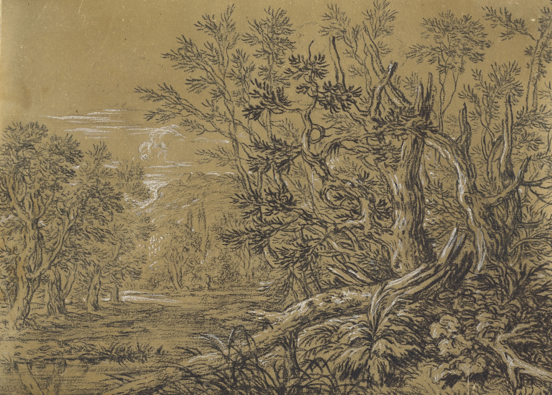 Stream through an Ancient Forest by Jonas Umbach, oil painting depicting a serene woodland with light and water.