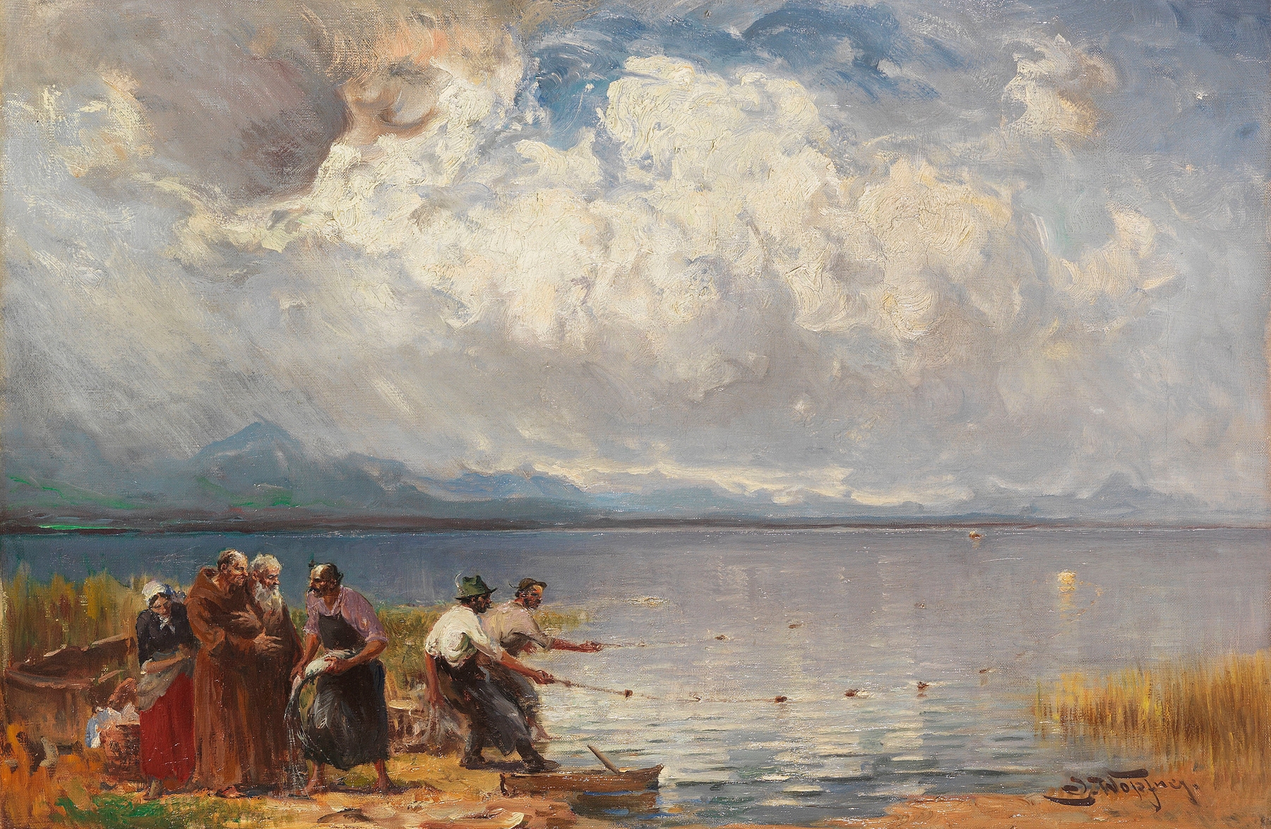 Fischer und Mönche am Ufer, by Joseph Wopfner, public domain