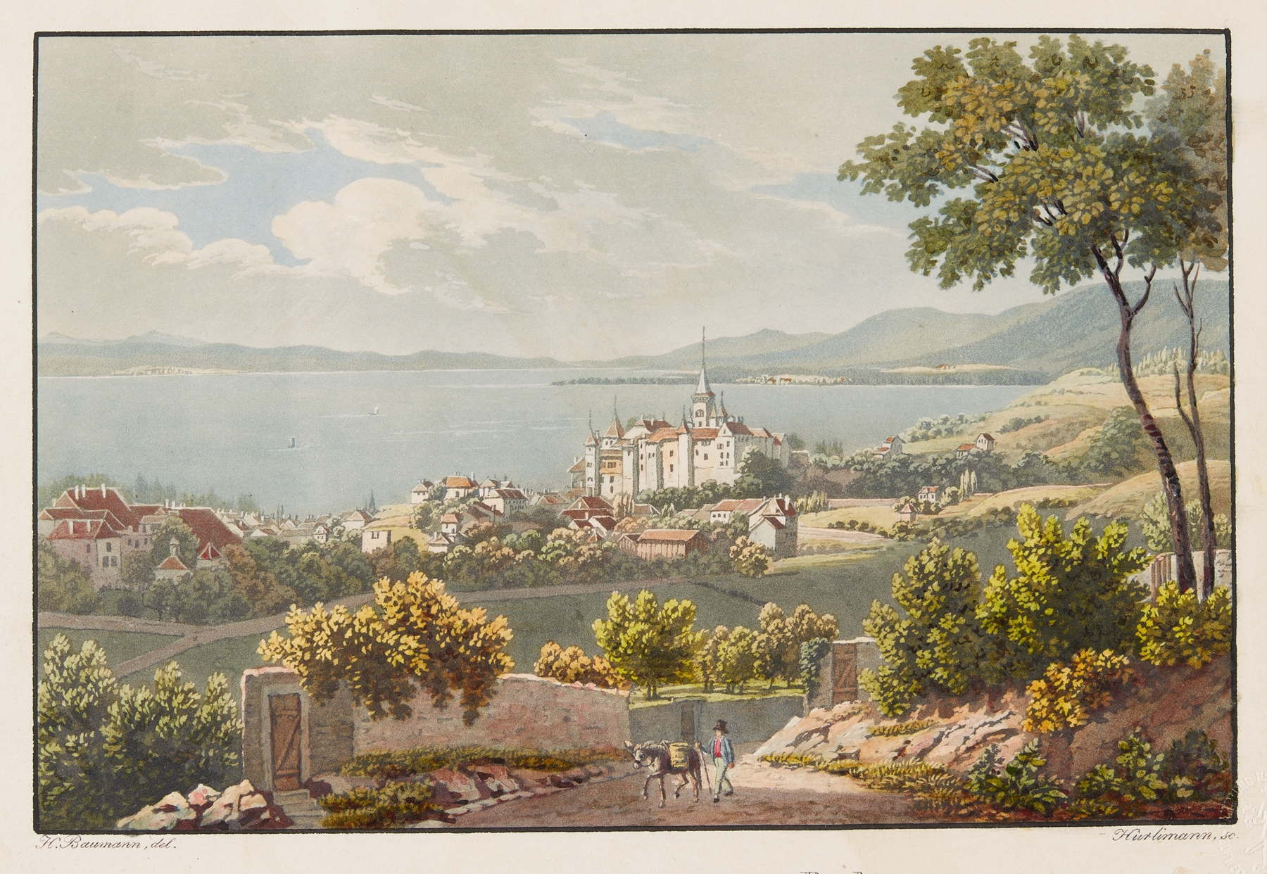 Vue de Neuchatel prise au Rocher, oil on canvas by Jean Henri Baumann depicting a tranquil lake and hills.