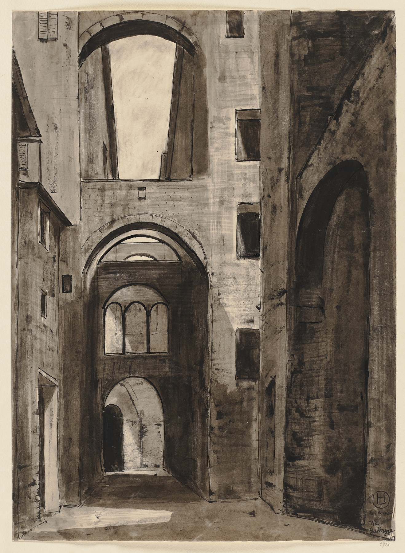 Via Galluzza, Siena by Hermann Lismann, depicting a sunlit street with textured stone walls, unknown medium.