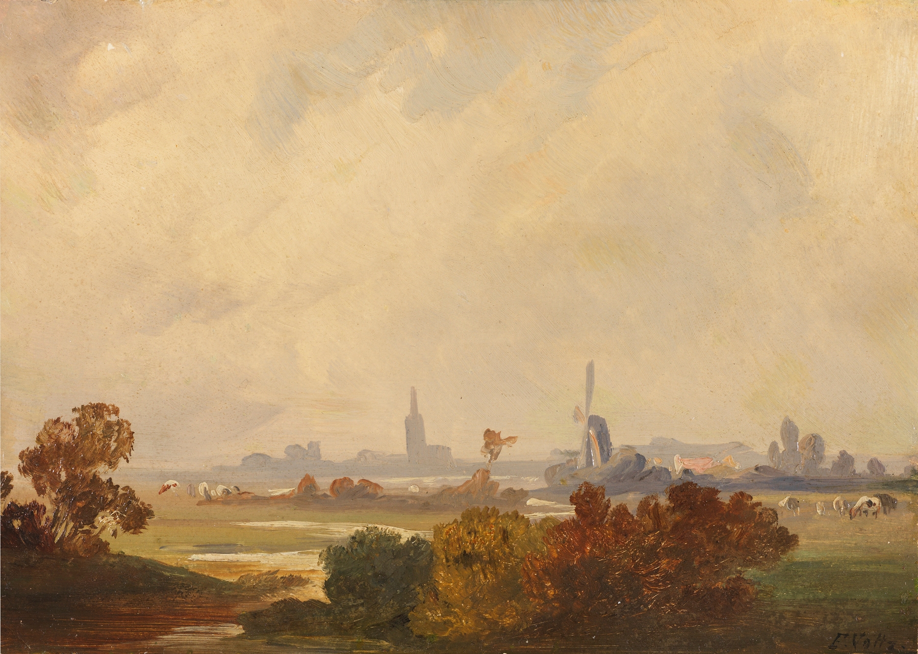 Autumn landscape with light reflections on water by Friedrich Voltz, oil painting.