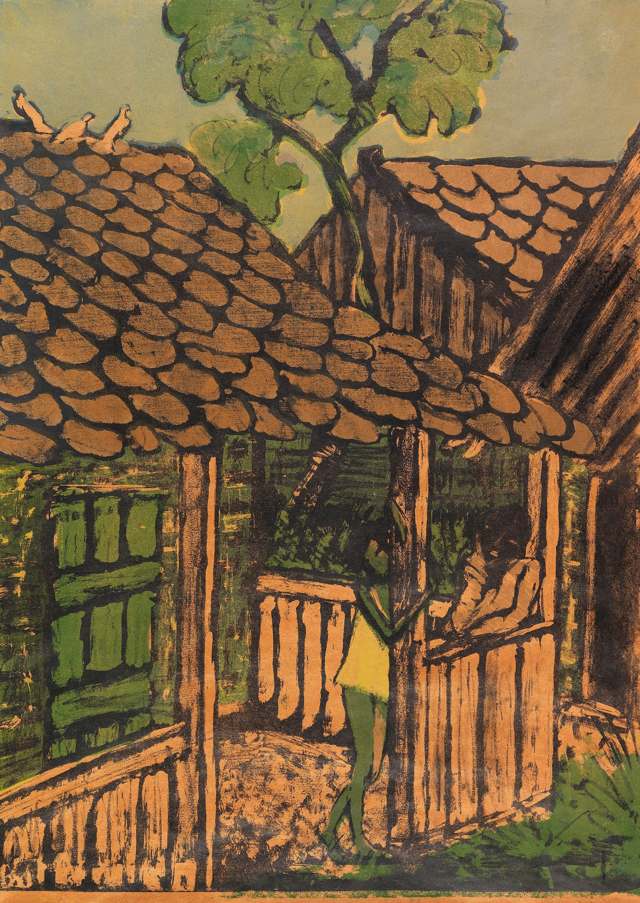 Figurative oil painting of two children beside a hut by Otto Mueller