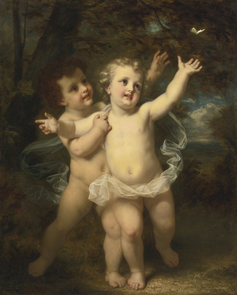 A painting by Hugues Merle titled 'The Butterfly' depicting a young girl with a butterfly.