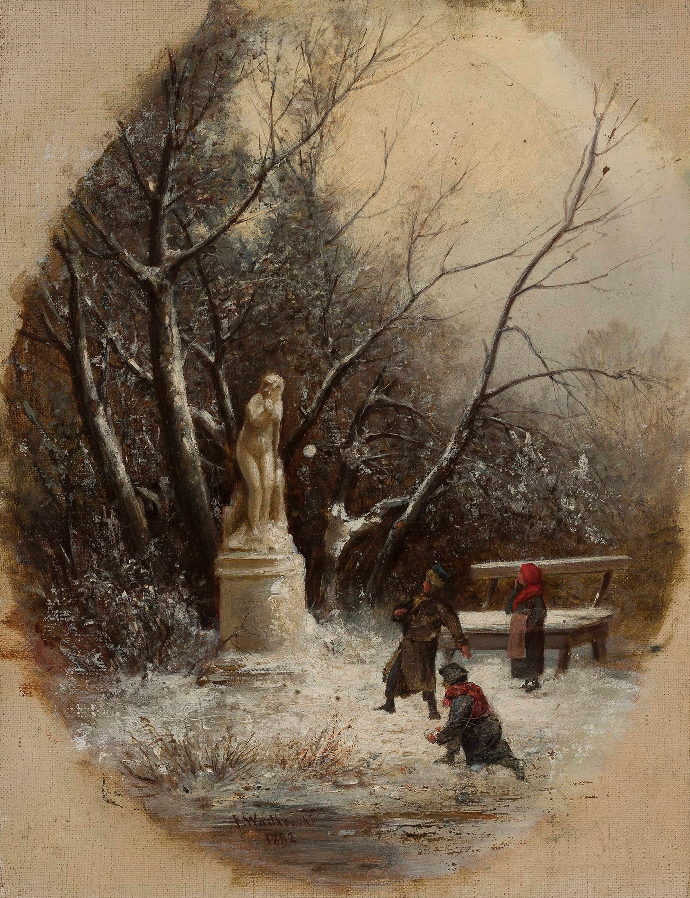 Children playing around a statue in a garden, by Franciszek Wastkowski, 1882