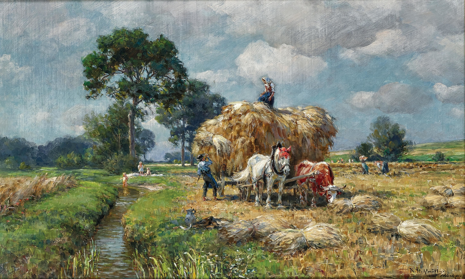 Summer harvest oil painting by Karl Stuhlmüller depicting children at a creek and golden wheat.