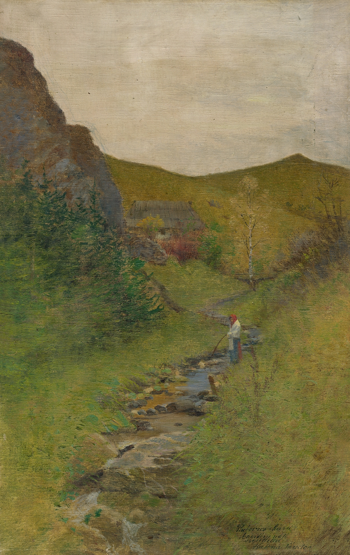 Landscape oil painting by Ferdinand Katona featuring a stream and lush greenery