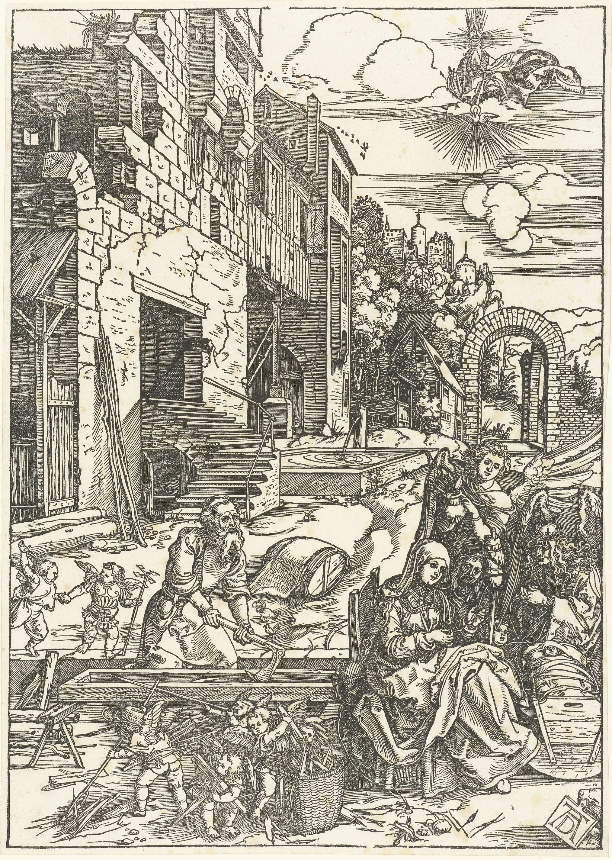 De Heilige Familie in Egypte by Albrecht Dürer, paper medium, featuring Mary, Joseph, and infant Christ.