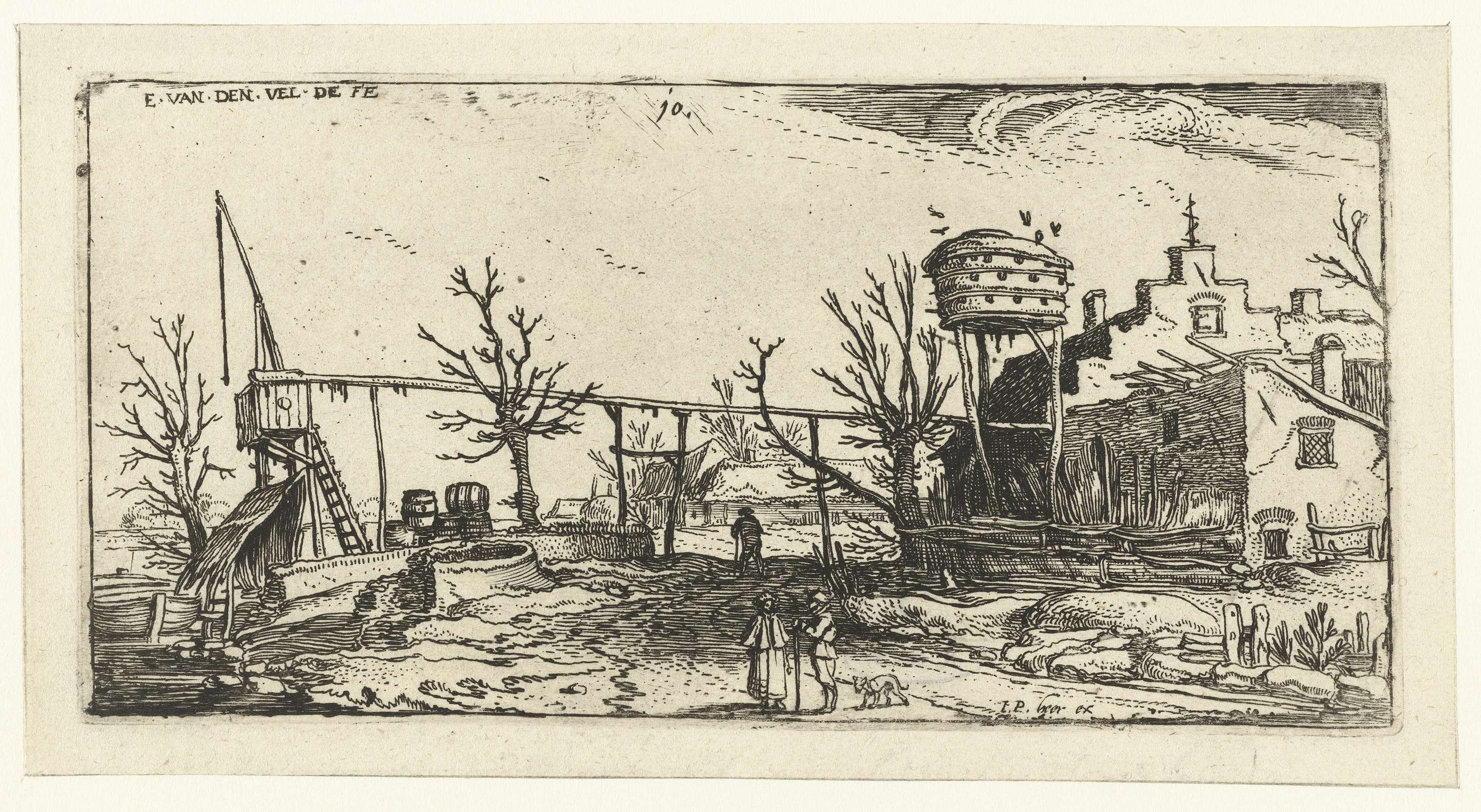 Landschap met een brouwerij, etching by Esaias van de Velde, depicting a serene landscape with a brewery.