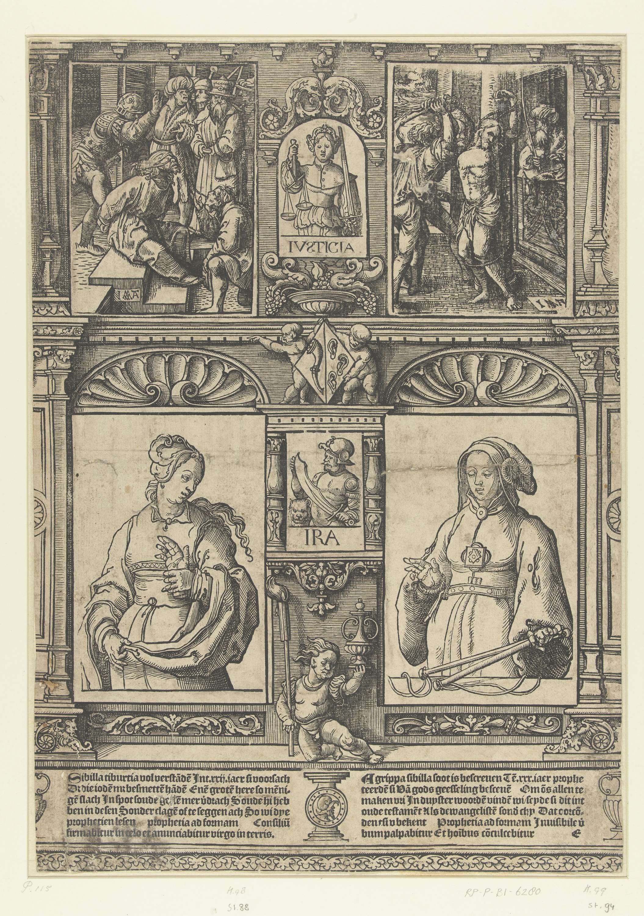 Renaissance paper artwork by Jacob Cornelisz van Oostsanen depicting two Sibyls and scenes of doom.