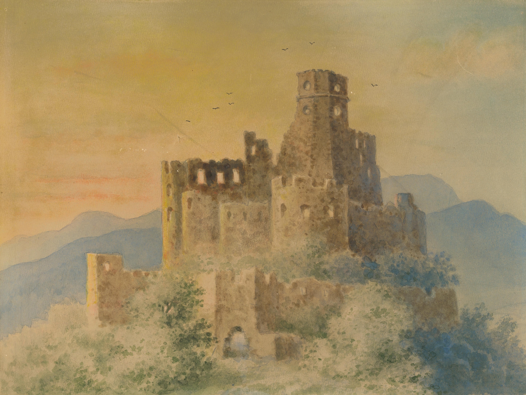 Landscape oil painting by Viktor Myskovszky depicting ruins under sunlight