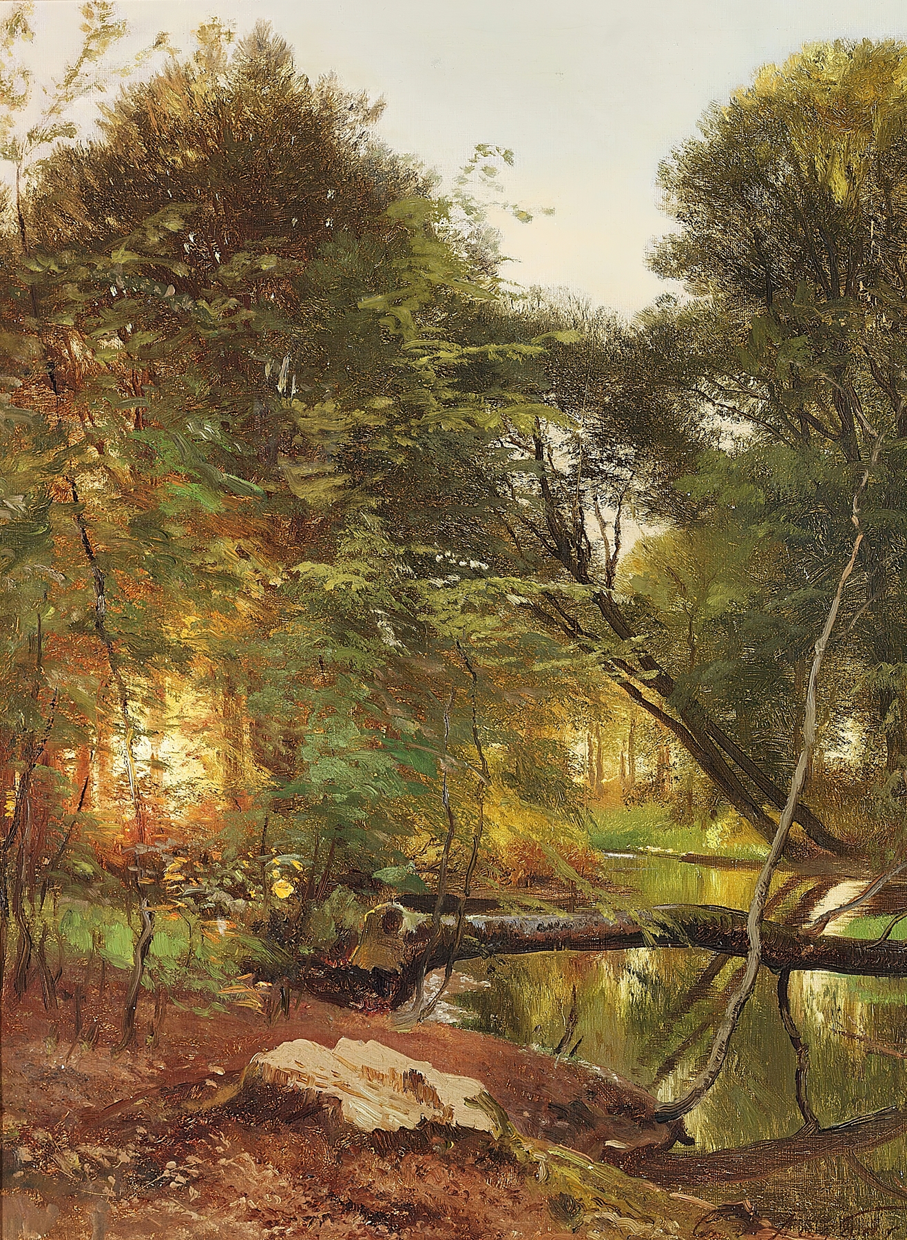 Åløb i skoven, solnedgang by Carl Frederik Aagaard, oil on canvas depicting a sunset over a forest.